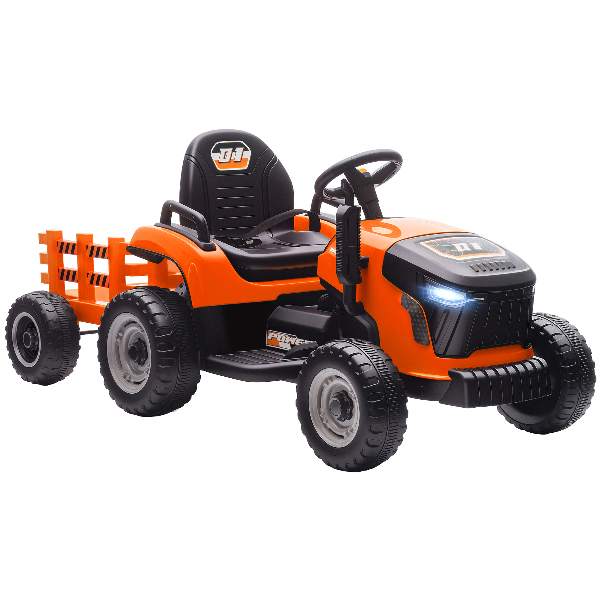 Tracteur orange avec remorque pleine de citrouilles