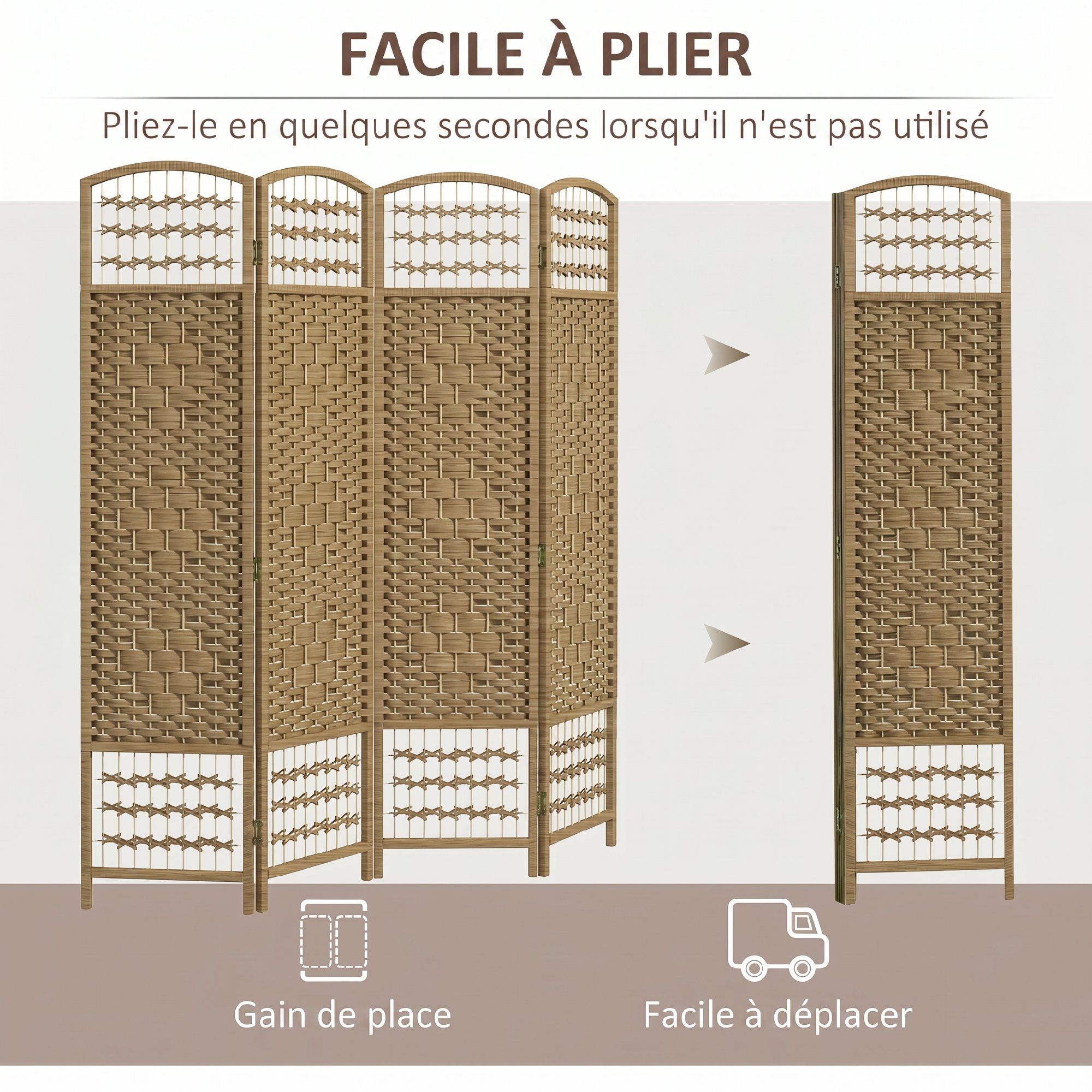Paravent 4 panneaux tissé bois massif 160cm