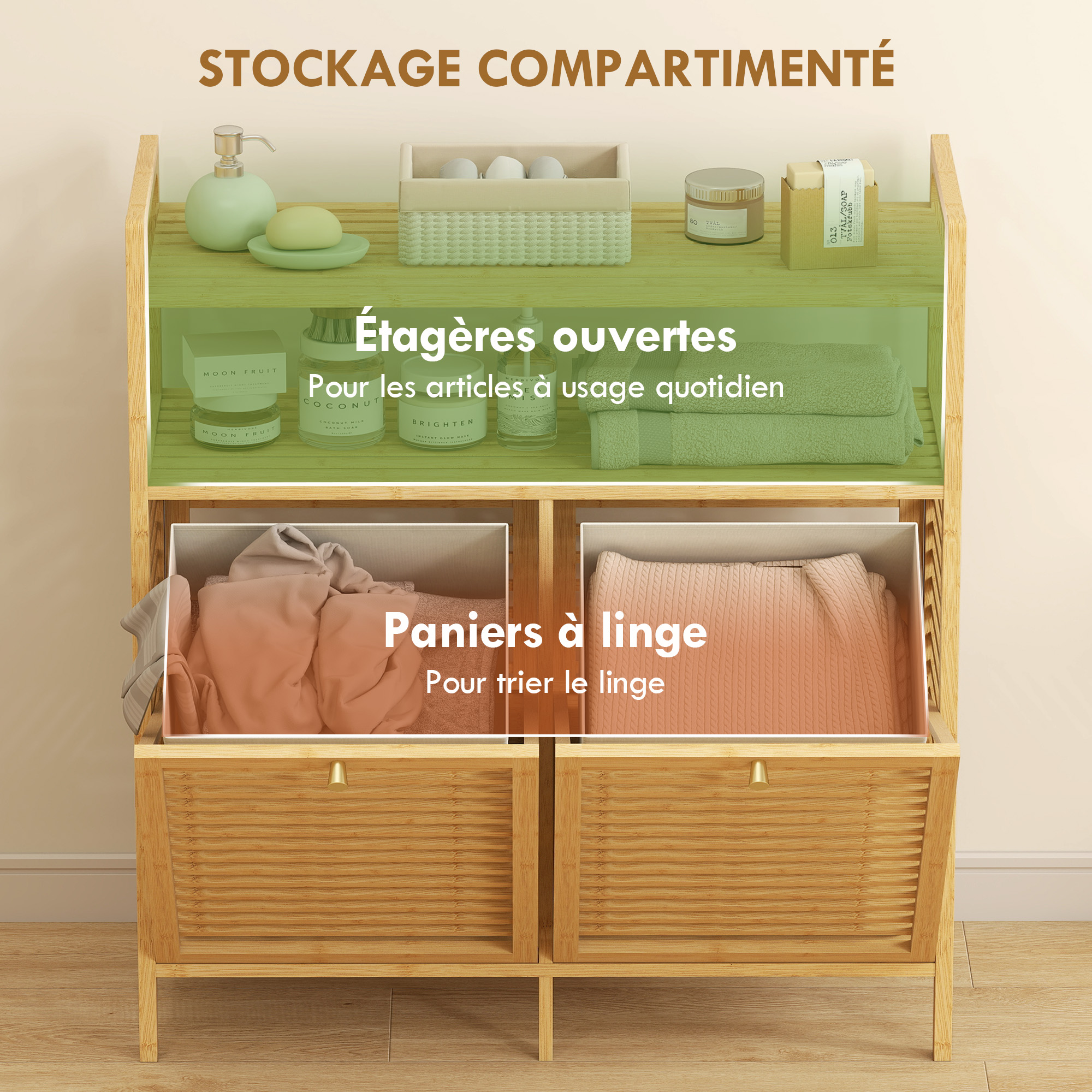Serviettes pliées rangées sur les étagères