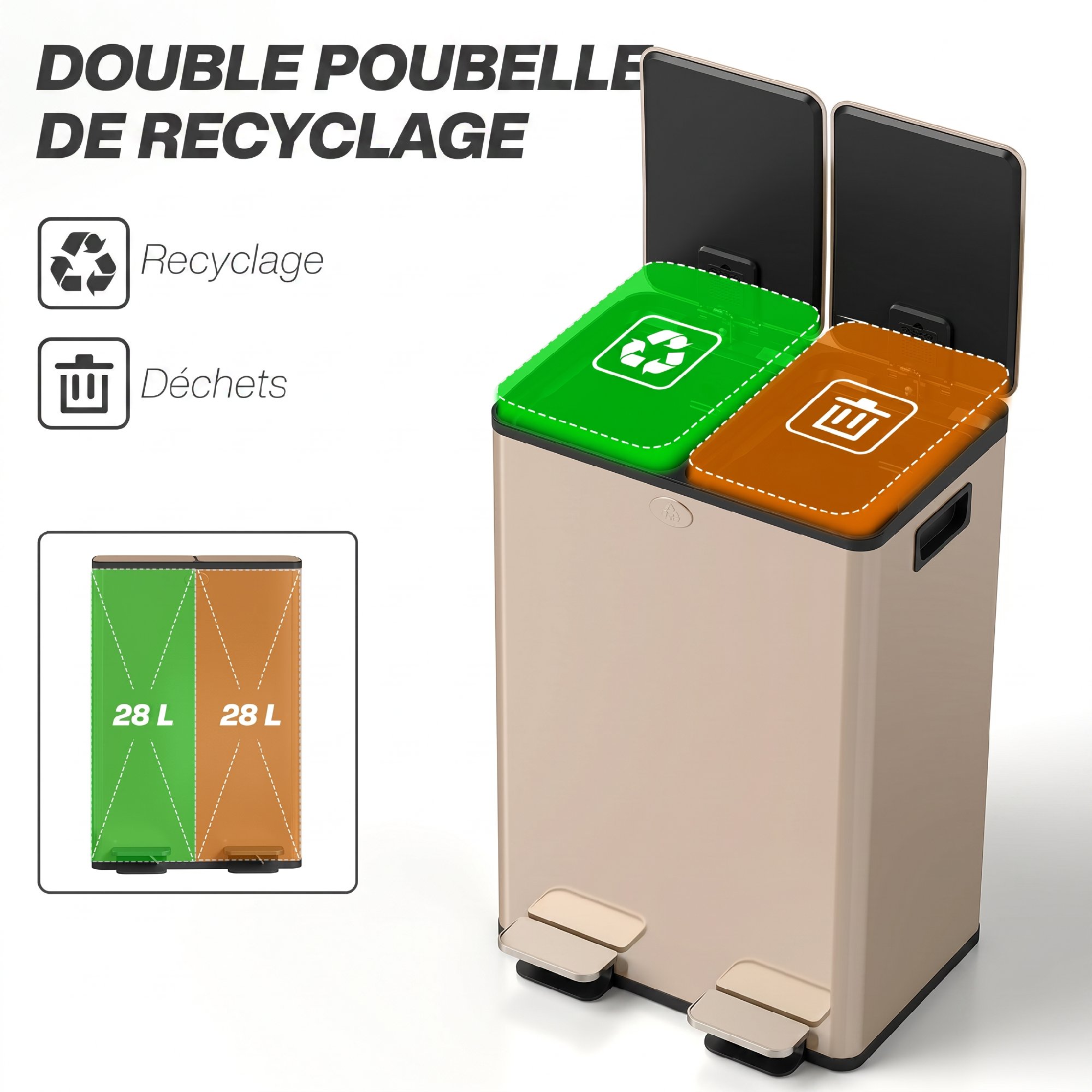 Poubelle double 2x28L tri selectif acier inoxydable pédale