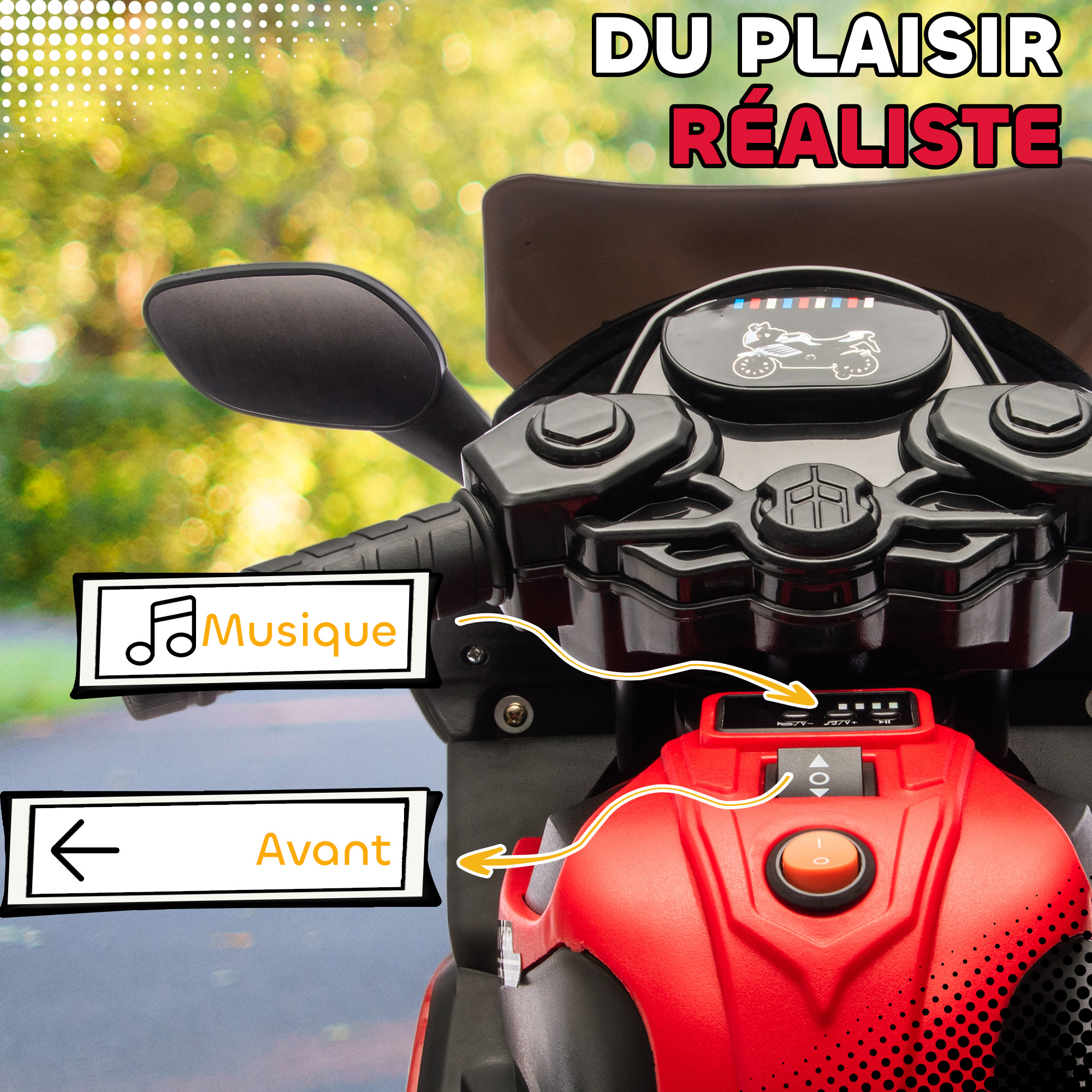 Moto sport rouge vue de face phares allumés
