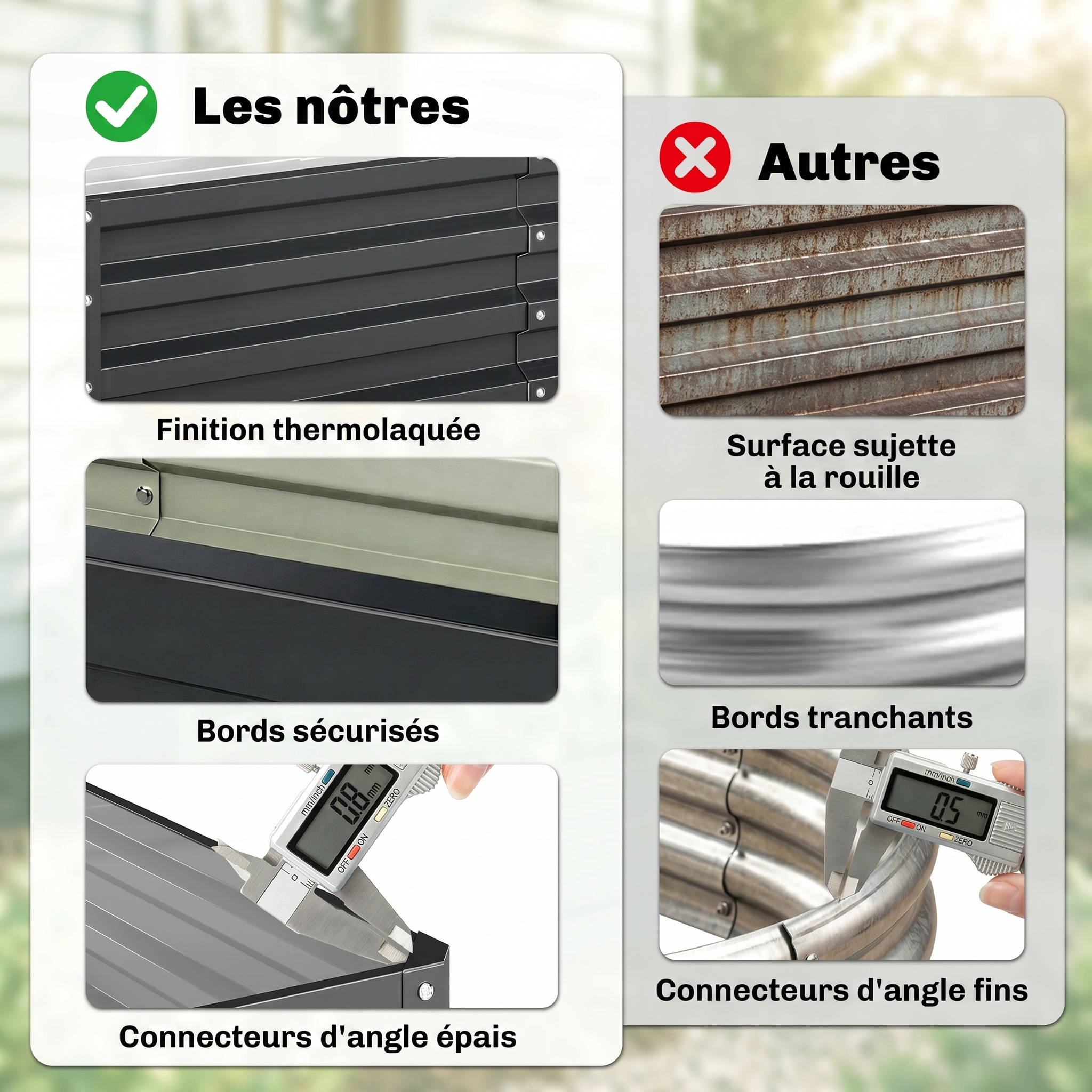 Comparaison finition thermolaquée vs rouille bords sécurisés vs tranchants
