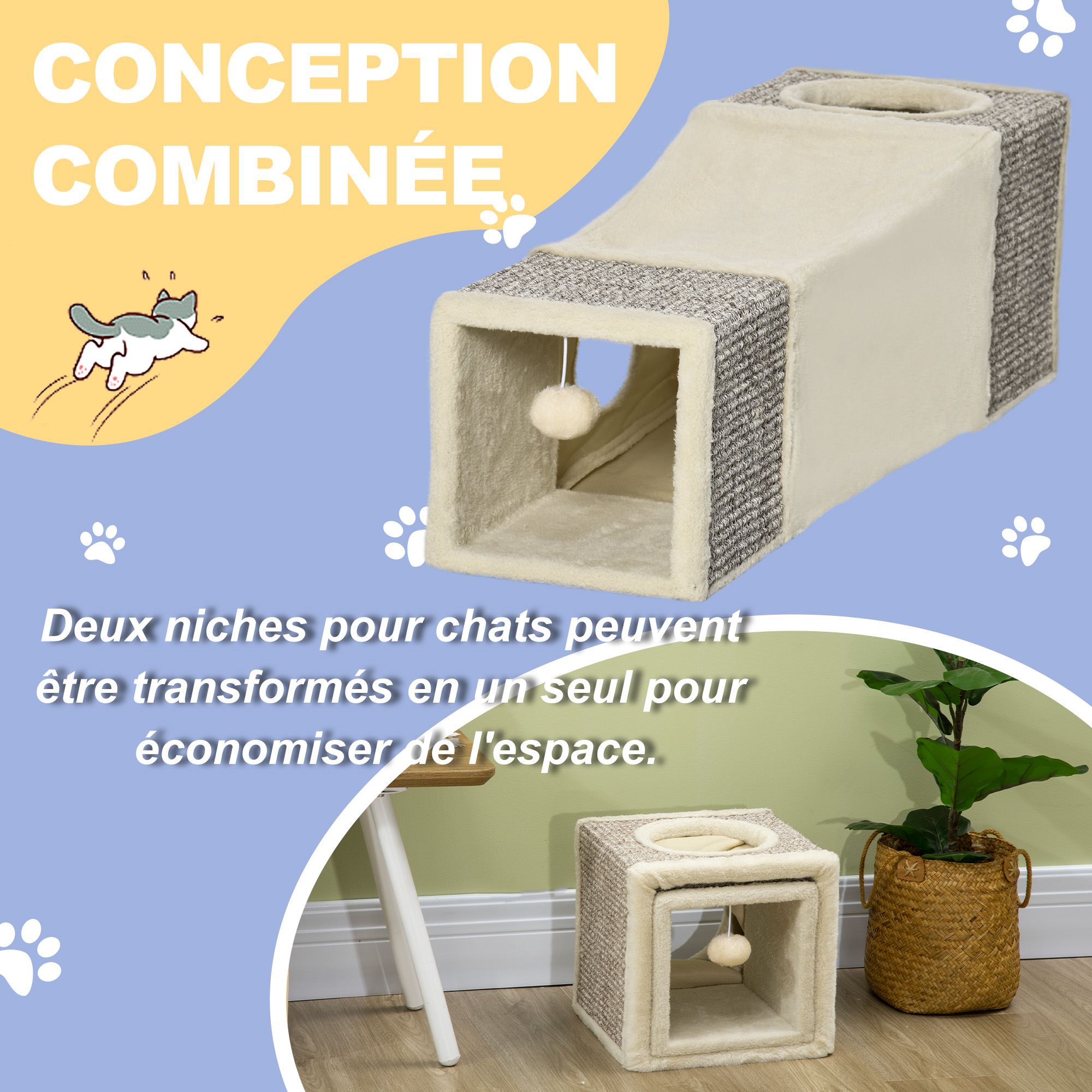 Tunnel pour chat avec deux abris et arche en sisal
