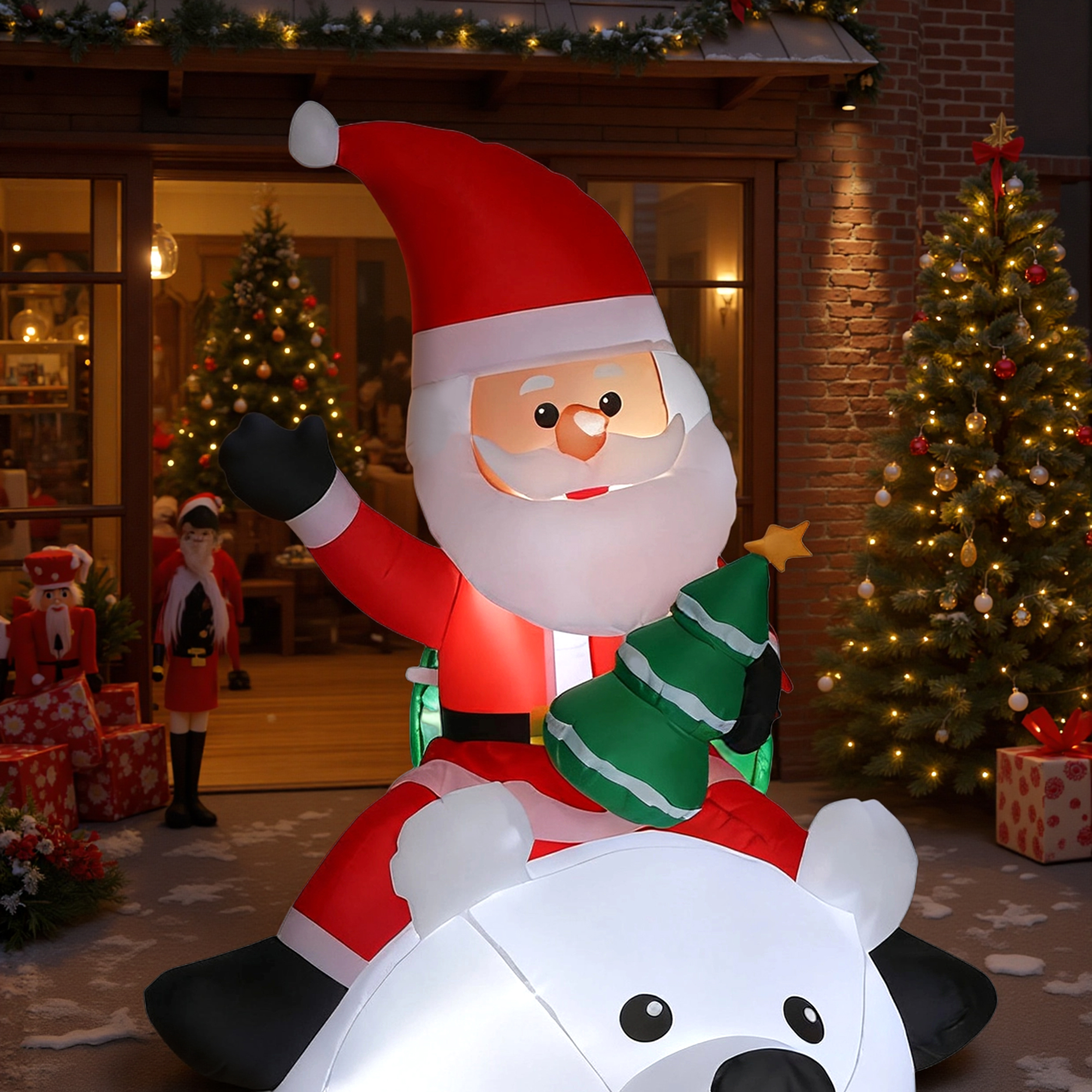 Décoration de Noël gonflable dans un jardin enneigé