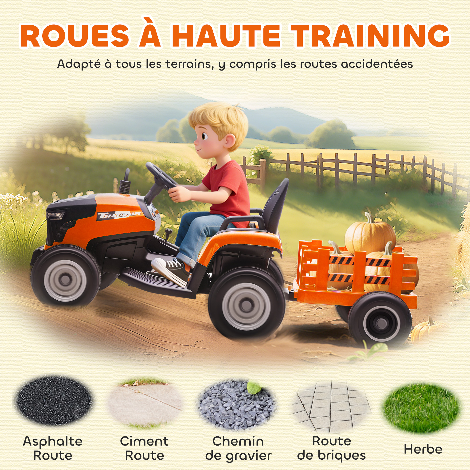 Vue complète du tracteur et remorque orange