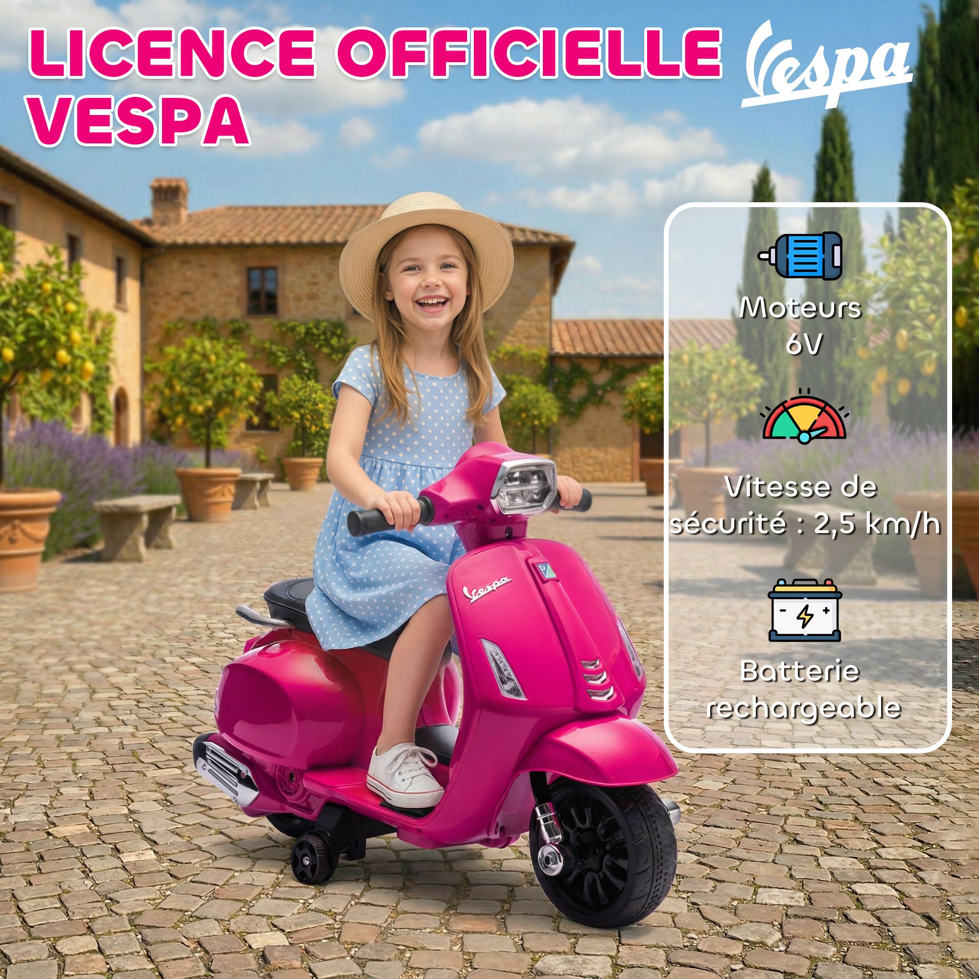 Scooter Vespa rose licence officielle moteur 6V