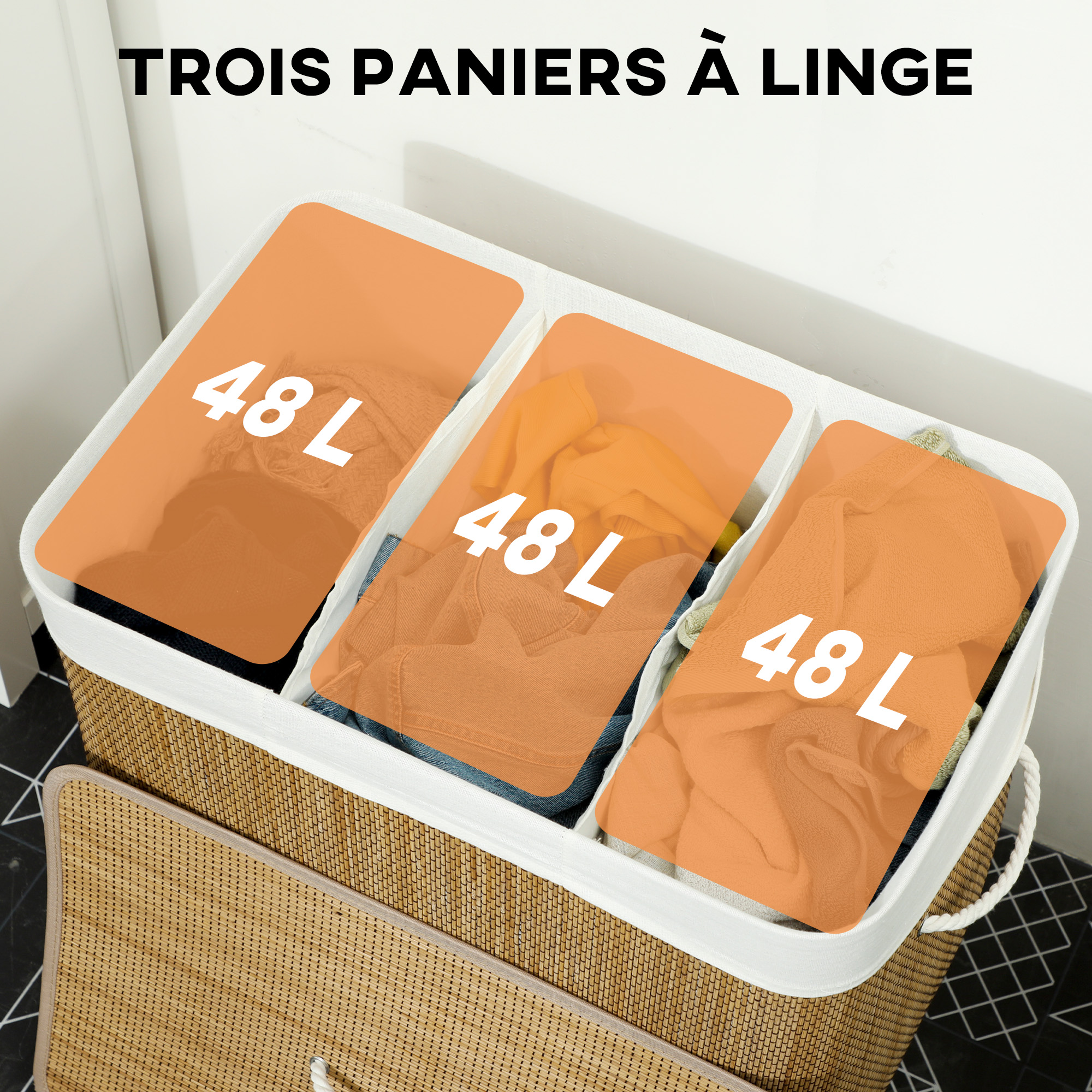 Panier à linge 3 compartiments aspect bambou 144L