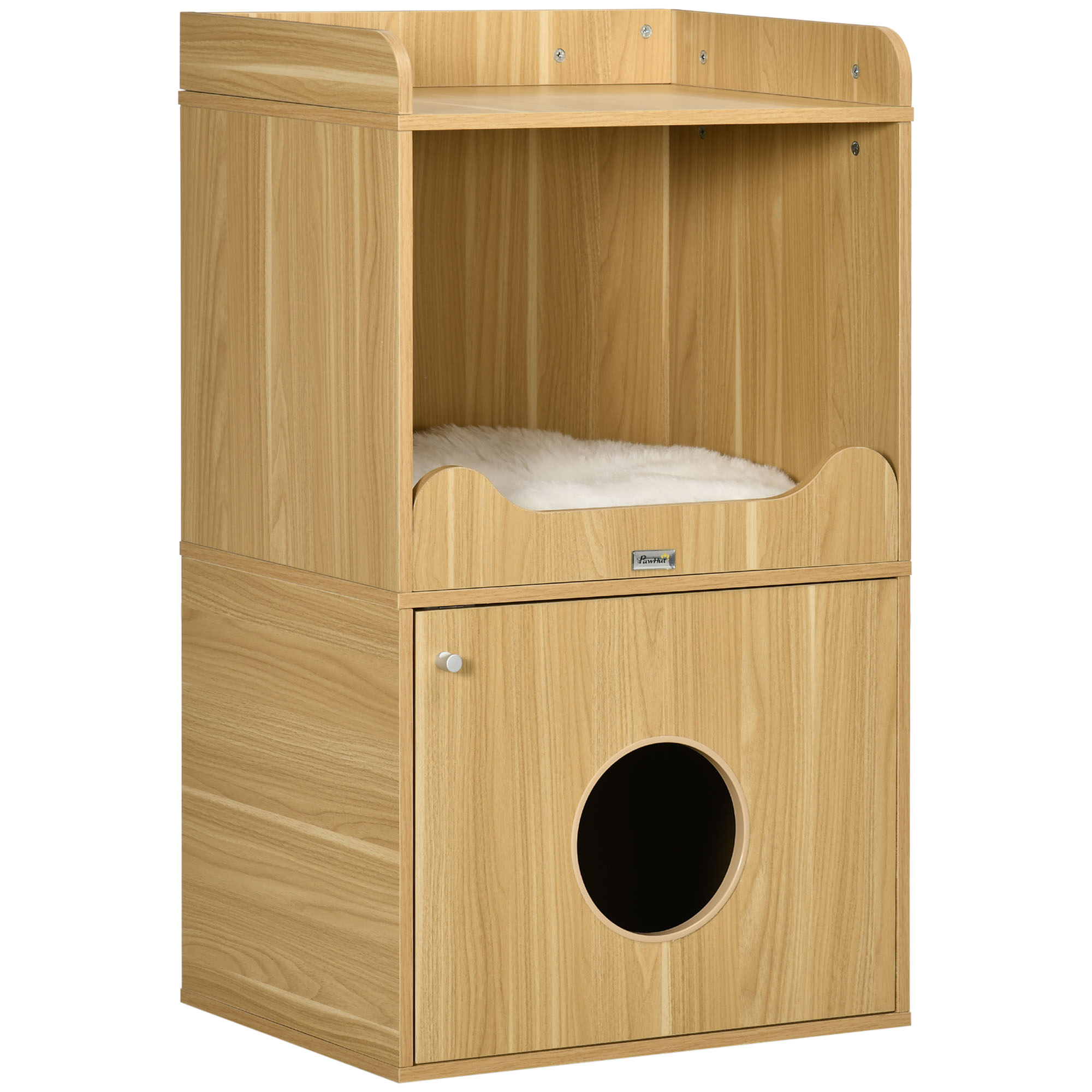 Maison de toilette pour chat meuble litière chat 3 niveaux compartiment fermé par une porte 1 coussin 60 x 45 x 103 cm
