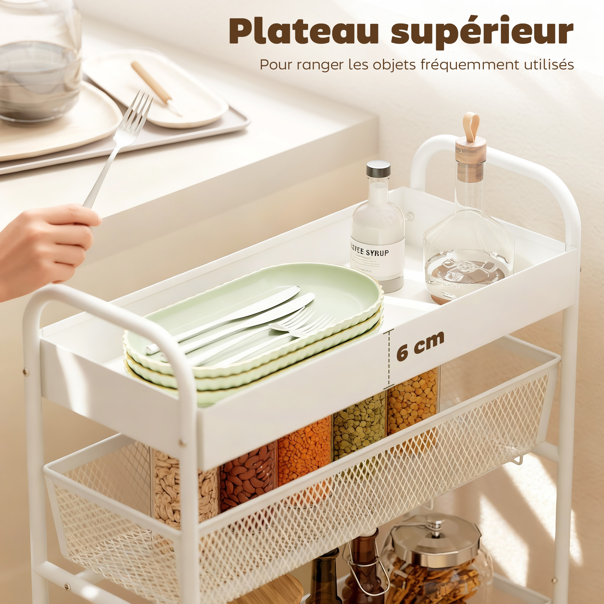 3 paniers maille extractibles + plateau supérieur