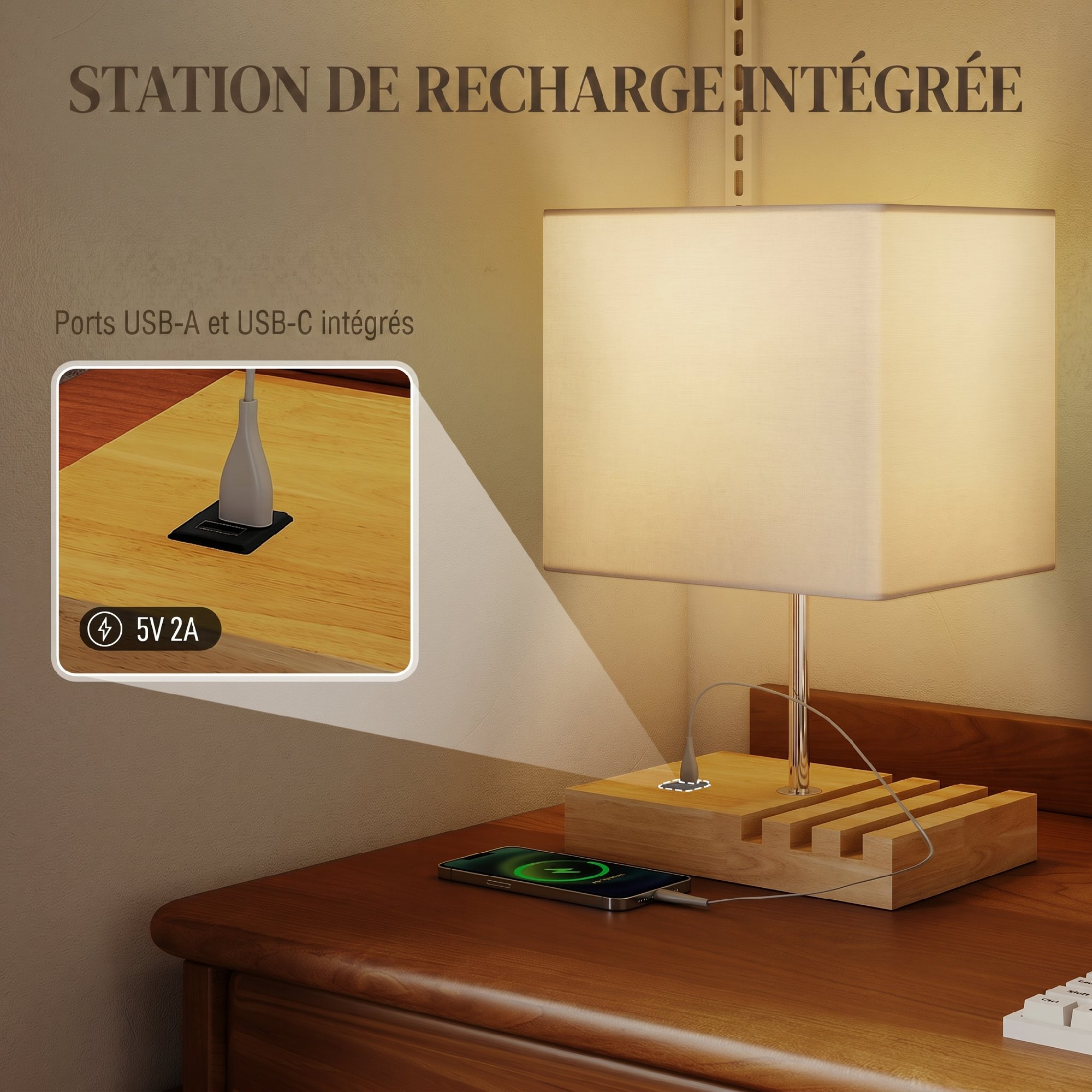 Lampe chevet bois station de charge USB