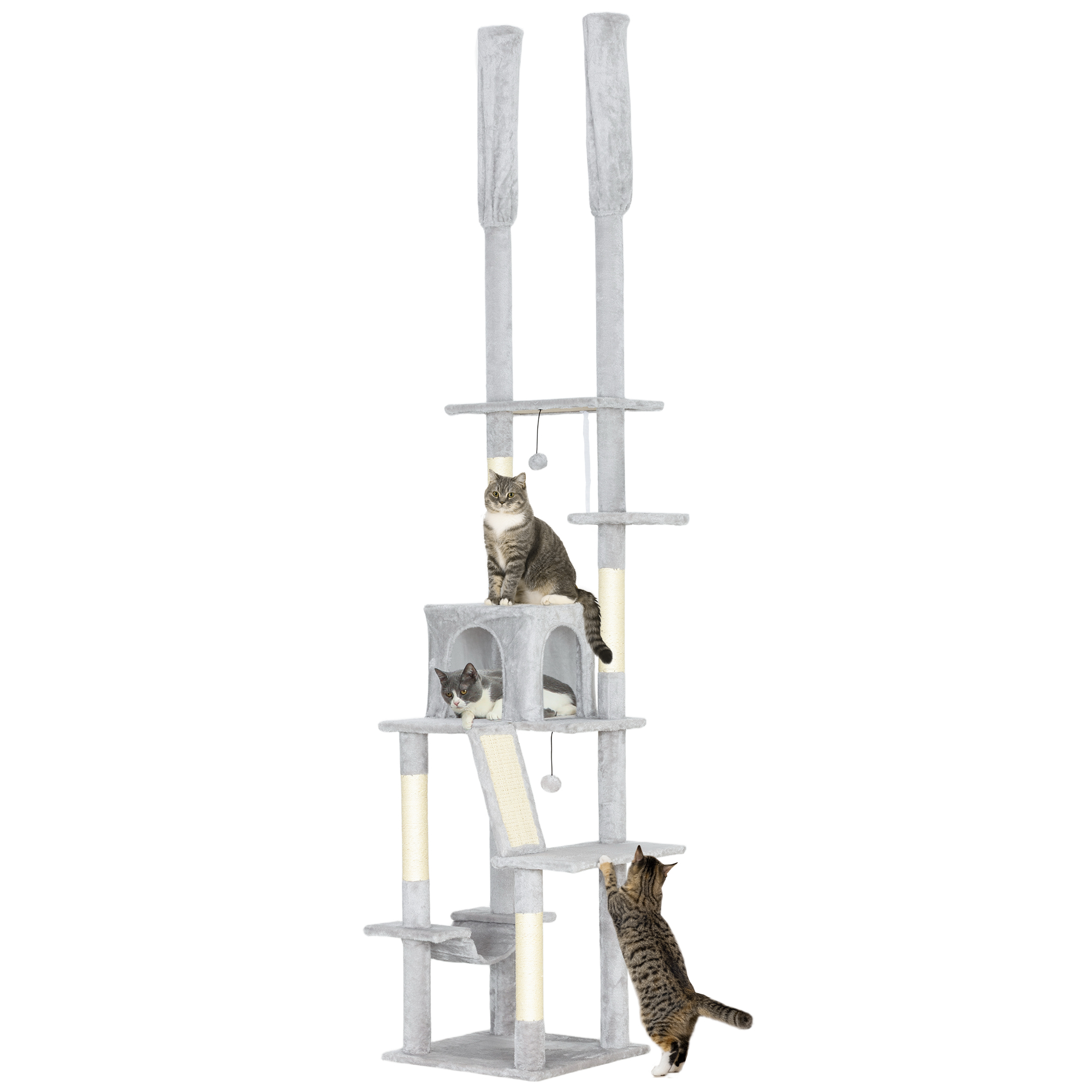 Arbre à chat du sol au plafond griffoir pour chat hauteur réglable 225-255 cm 6 niveaux avec niche hamac gris clair