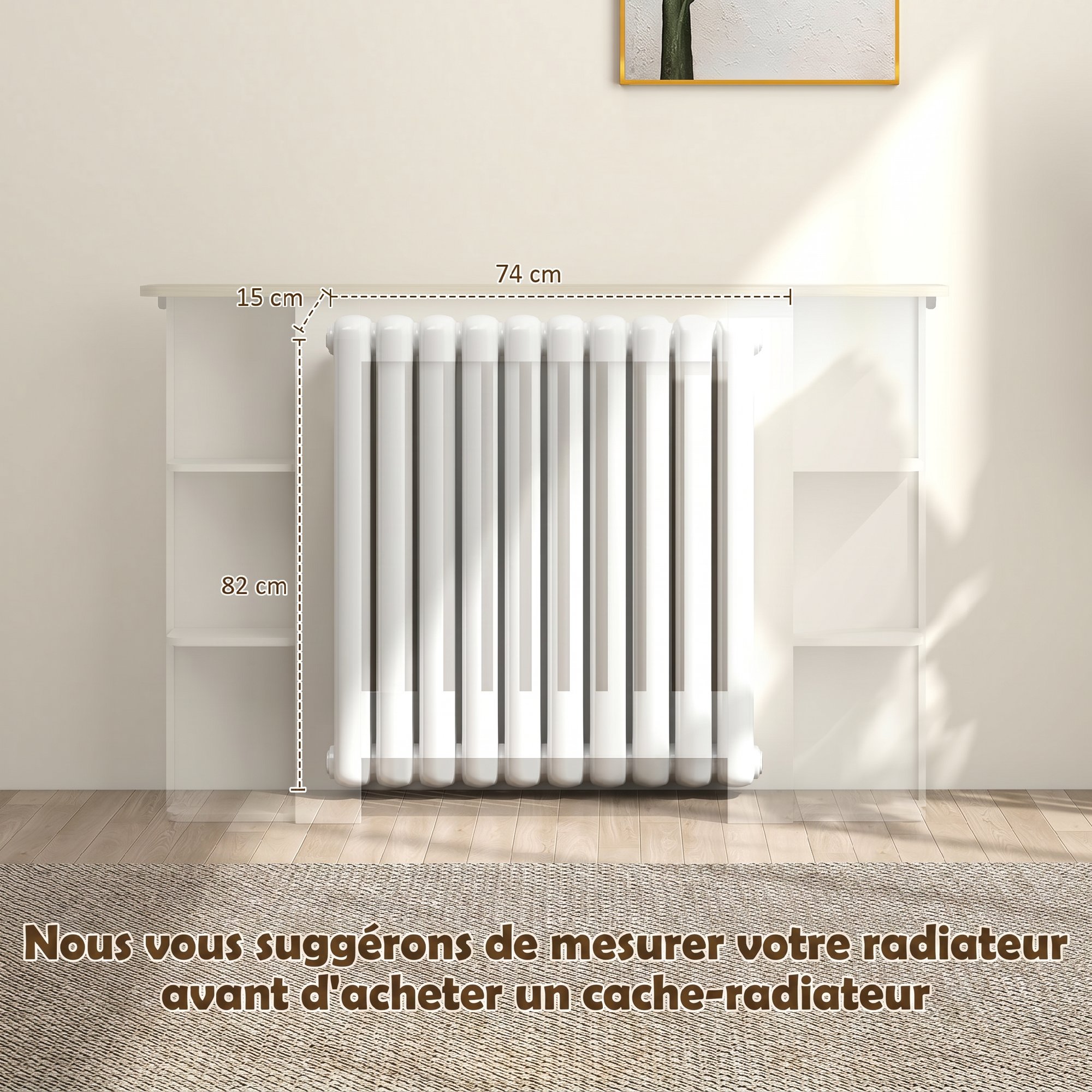 Cache‑radiateur 124cm étagères latérales