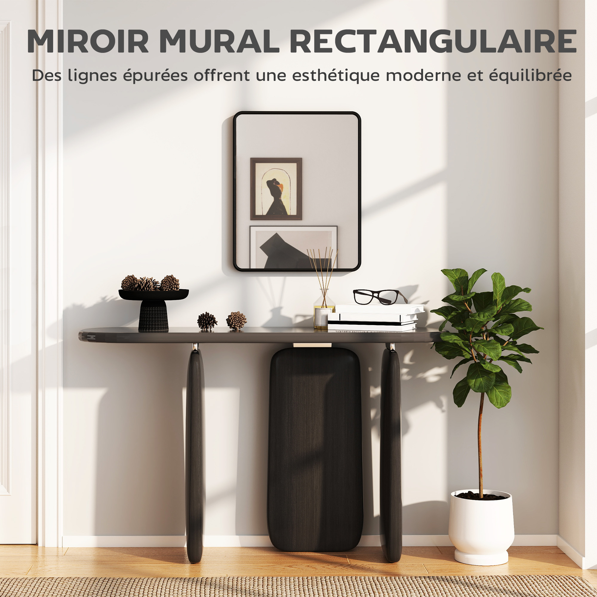 Miroir mural cadre métal noir coins arrondis 50x40cm