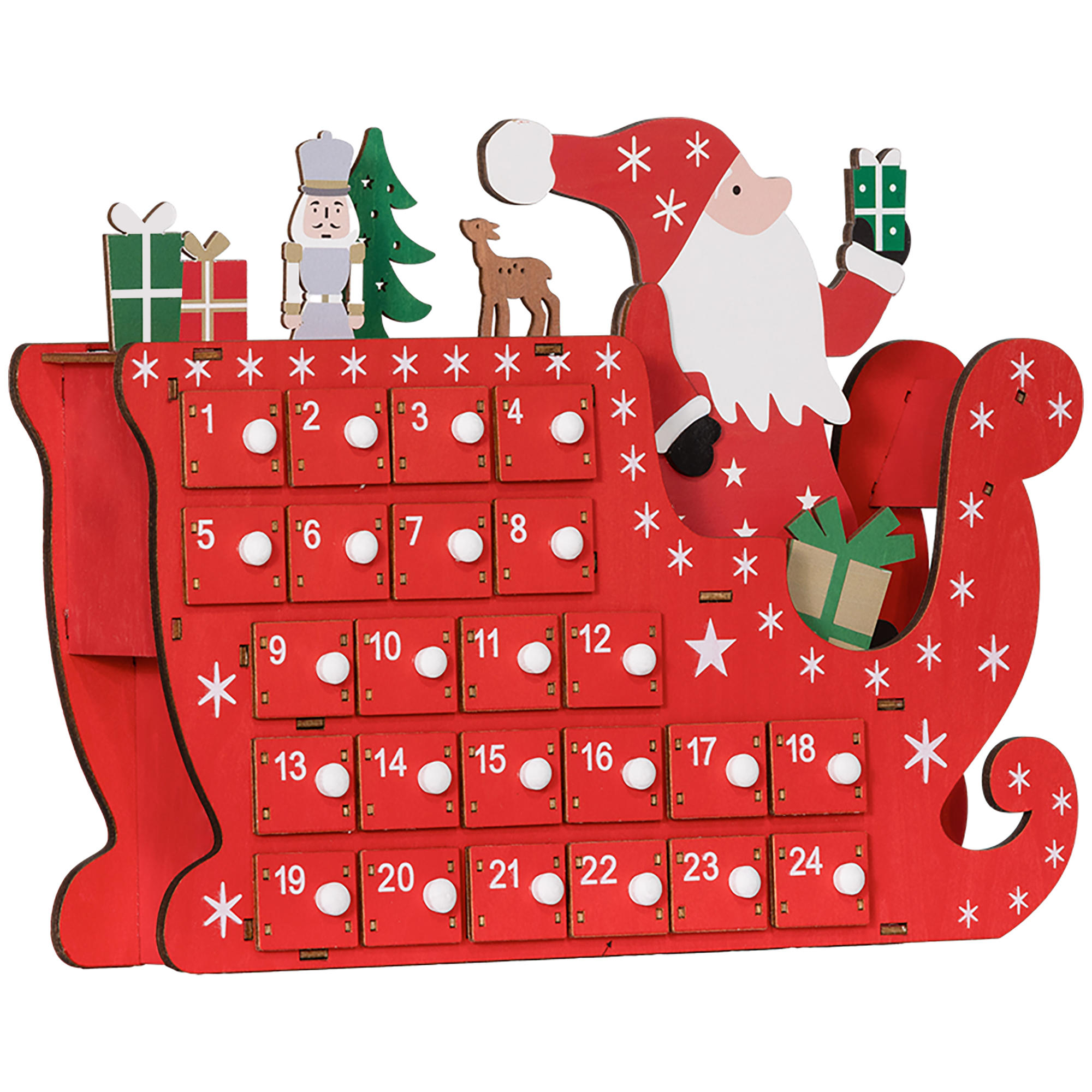 Calendrier de l'Avent à remplir en bois, décoration de Noël avec 24 tiroirs, Père Noël et traîneau, 22,5x8x36 cm, rouge