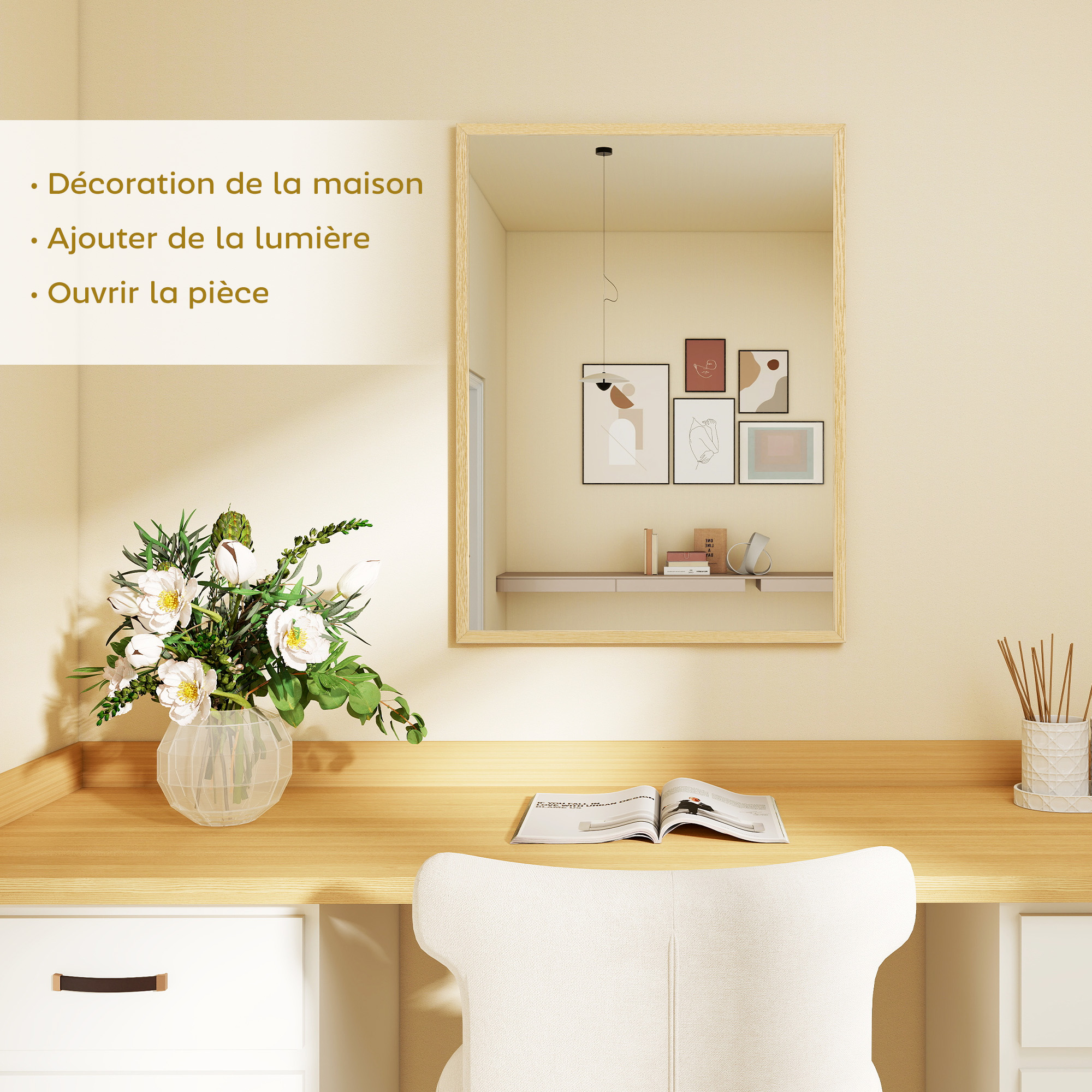 Miroir rectangulaire cadre aspect bois naturel 60x80cm