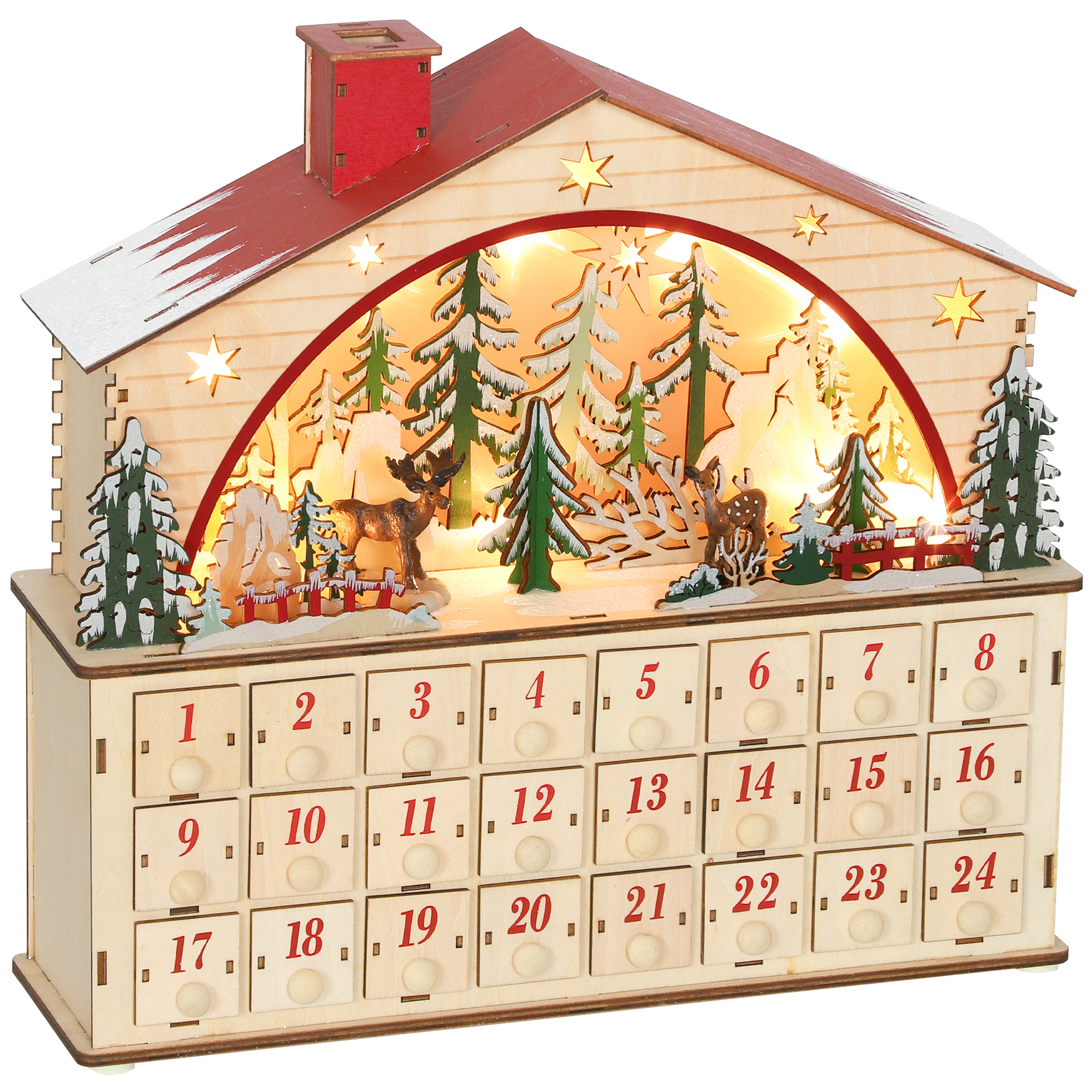 Calendrier de l'Avent lumineux en bois, 24 tiroirs, village de Noël, 15 LED blanc chaud, 36x10x34 cm, bois naturel