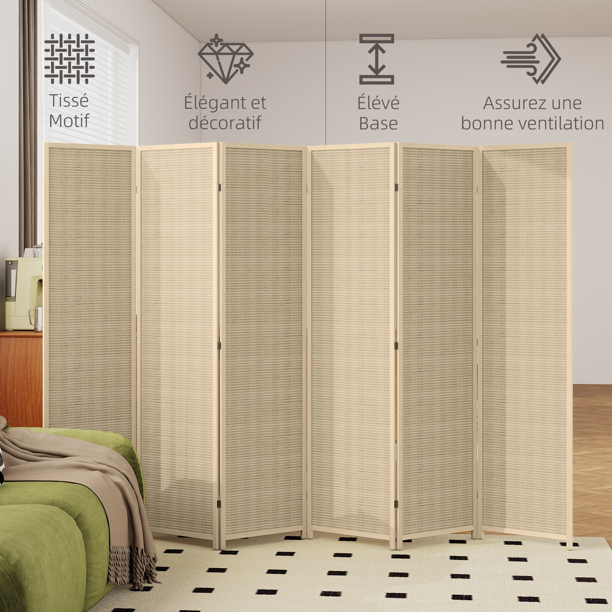 Paravent 6 panneaux tressage bambou 270x180cm