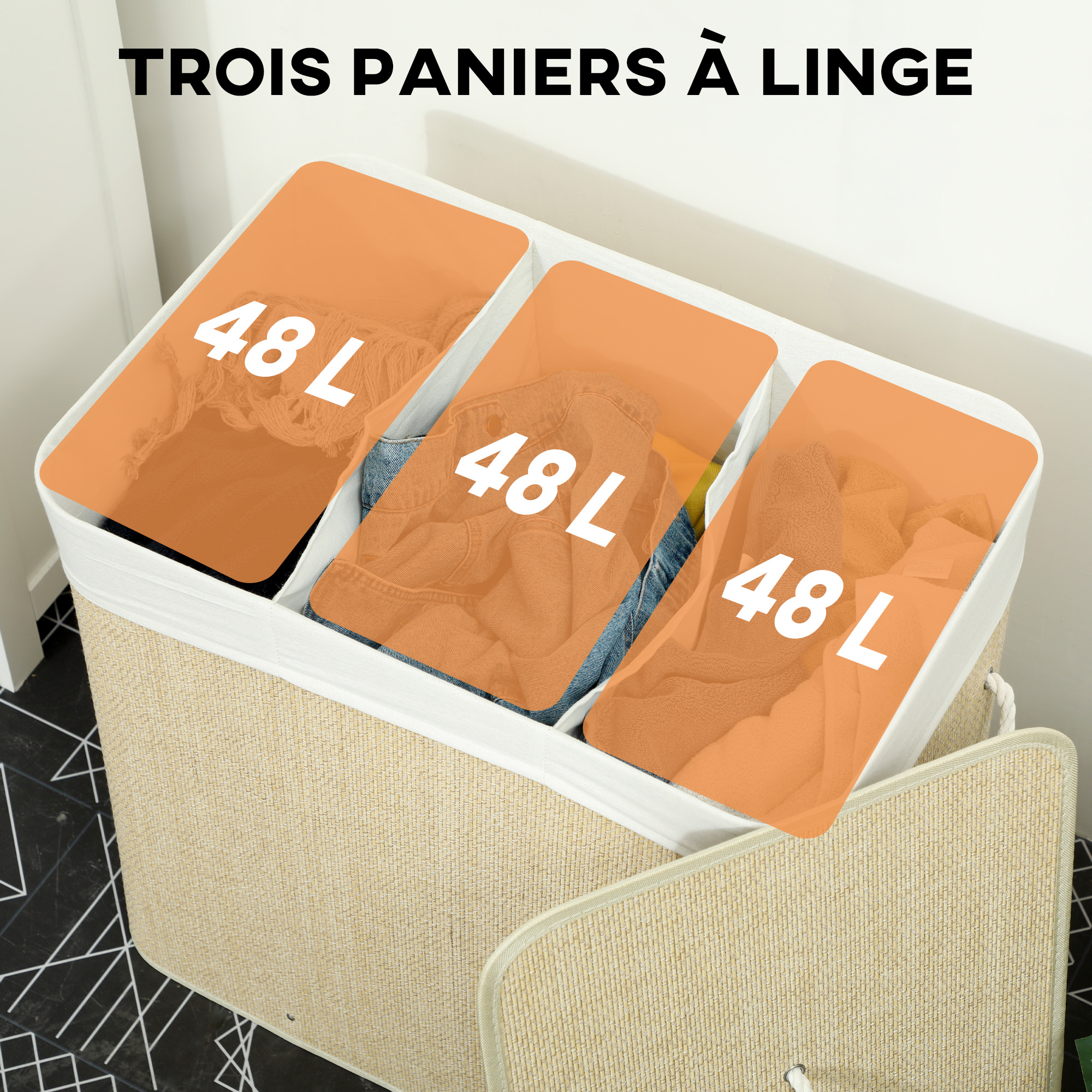 Panier à linge 3 compartiments imitation bambou 144L