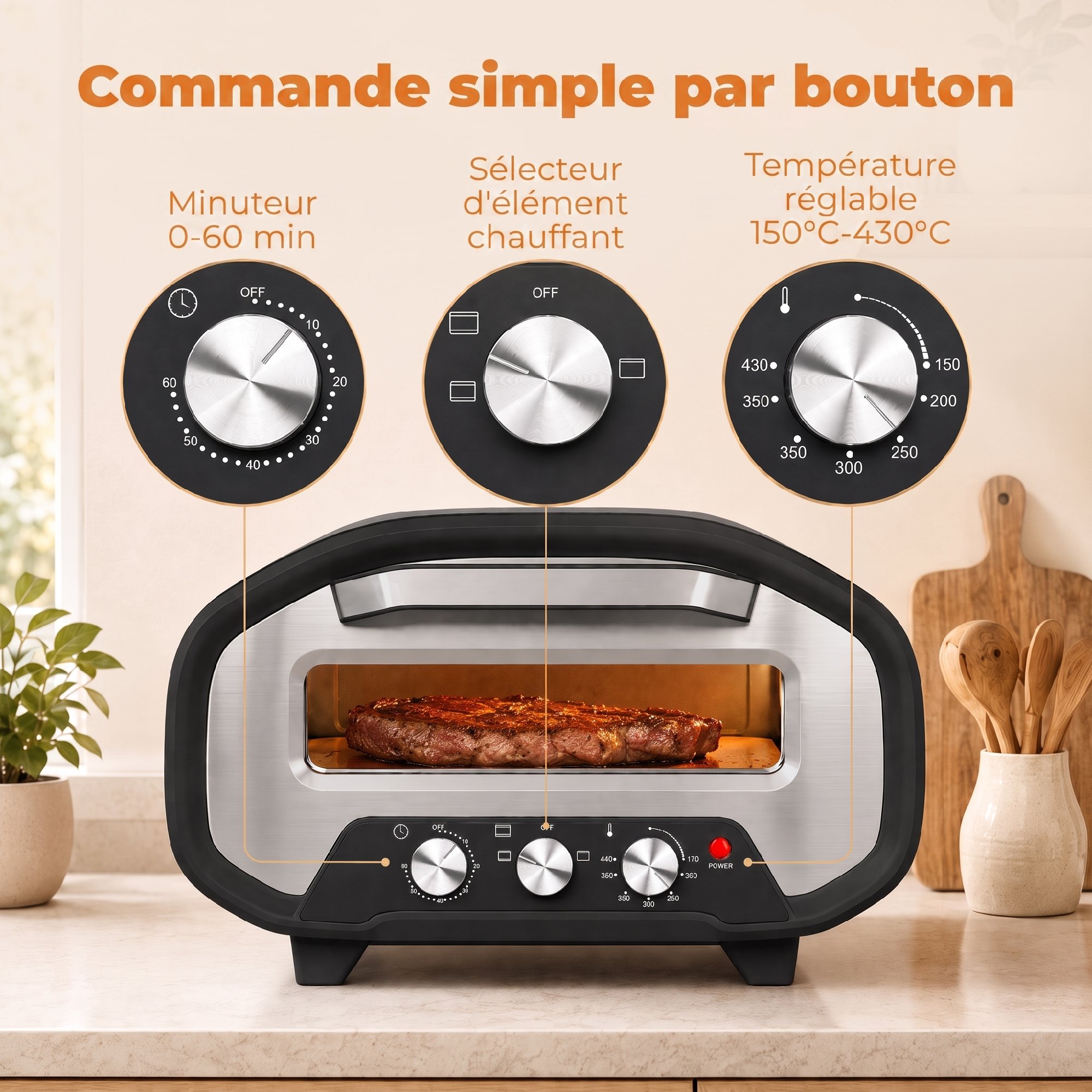 Trois molettes de réglage température‑chauffe‑minuterie
