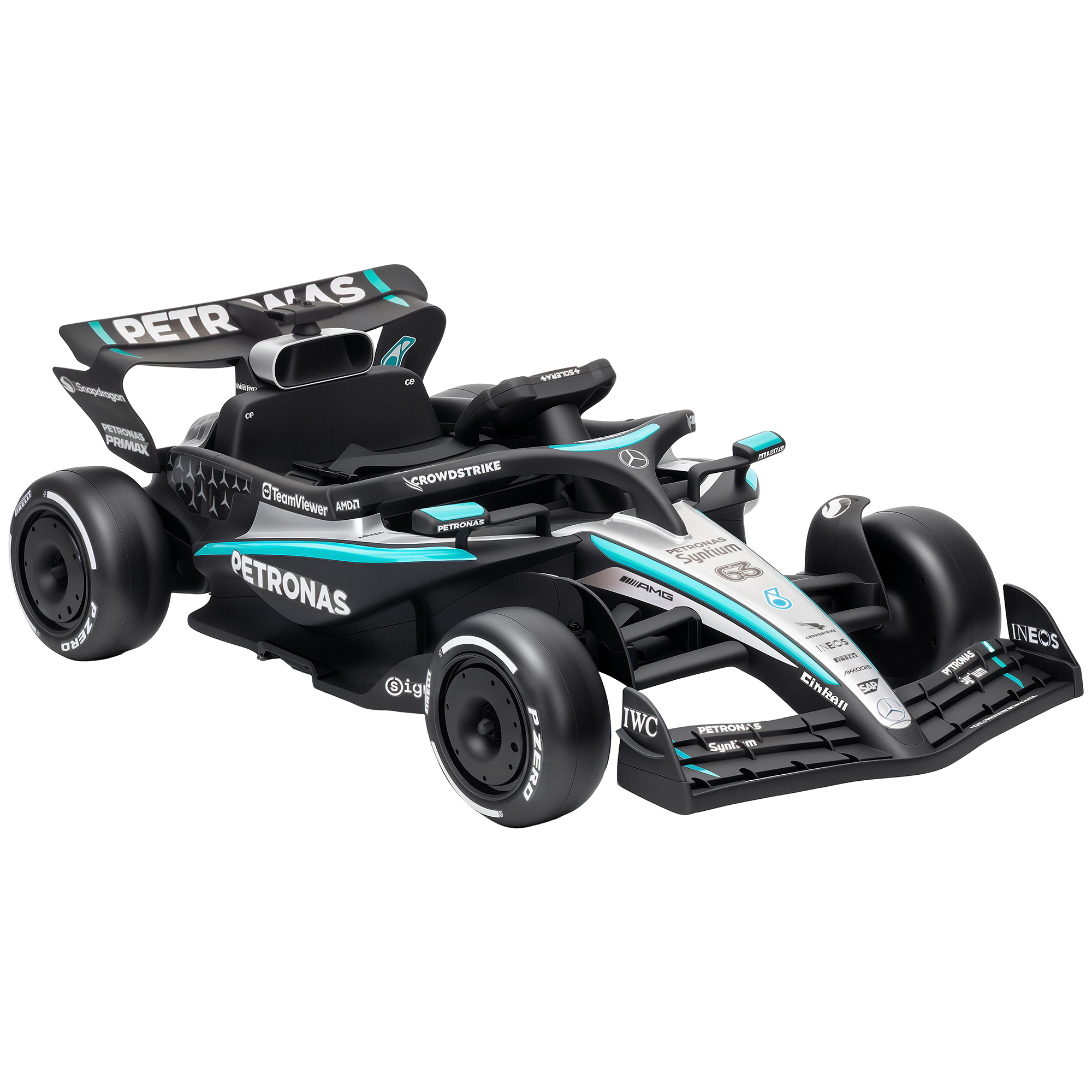 Vue complète du kart F1 Mercedes blanc et turquoise