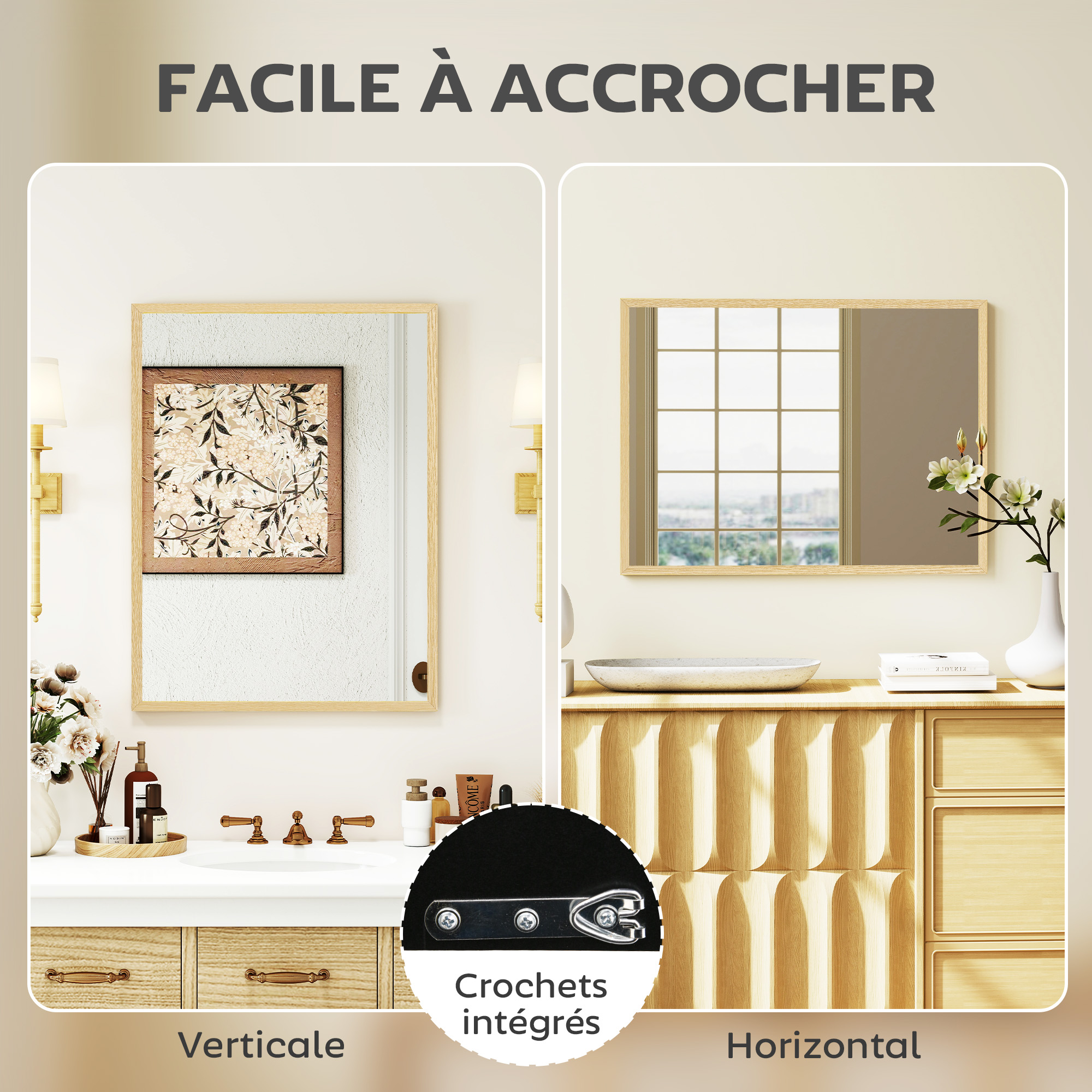 Fixation possible horizontalement ou verticalement, crochets fournis