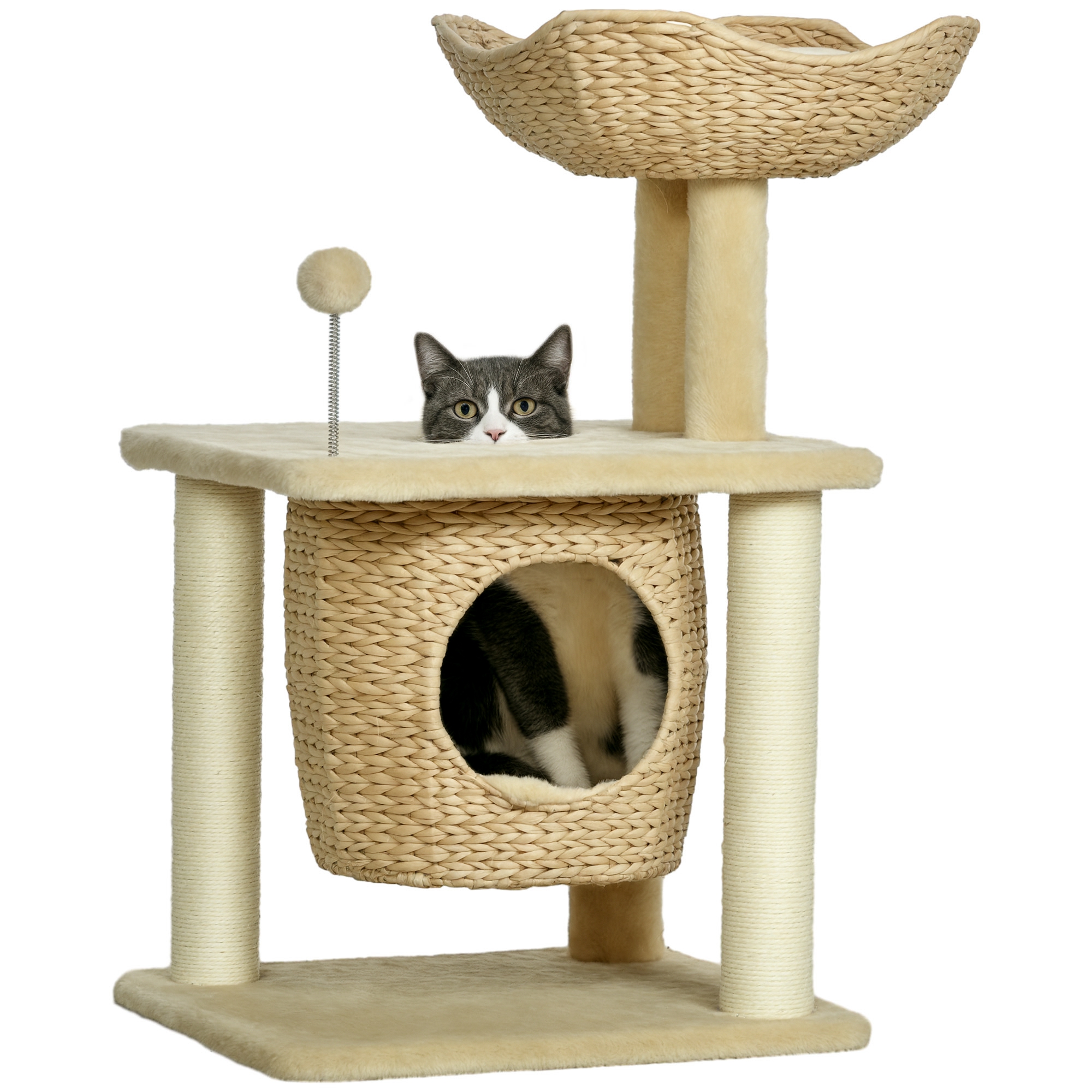 Arbre à chats griffoir sisal naturel 1 niche panier pompon peluche jacinthe d'eau 45 x 40 x 74 cm beige