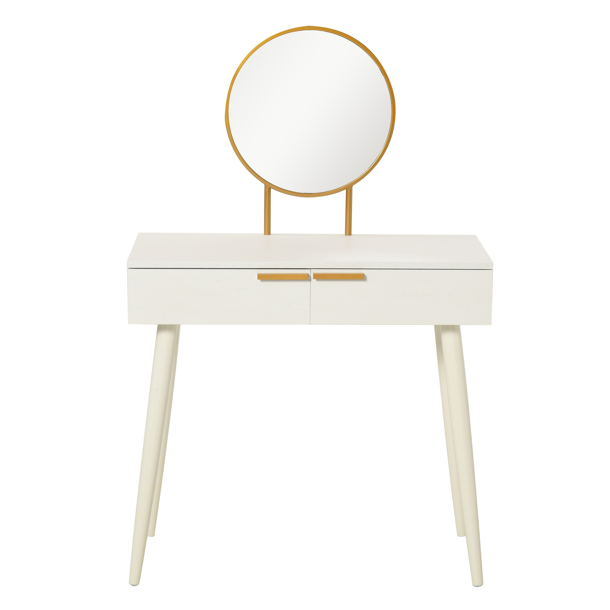 Coiffeuse élégante blanche avec miroir rond - vue d'ensemble