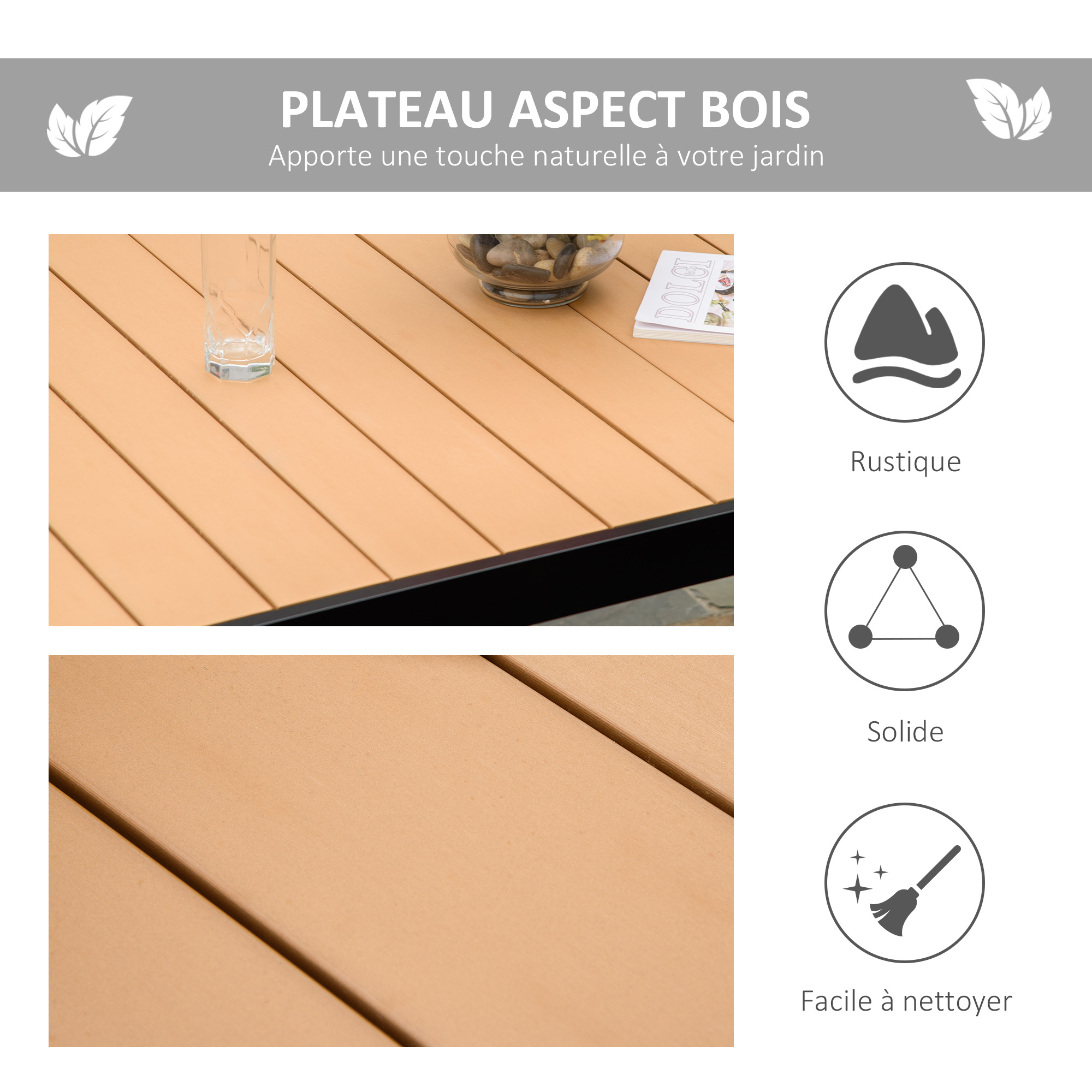 Table de jardin rectangulaire aluminium PS aspect bois 140x90cm - Vue 1