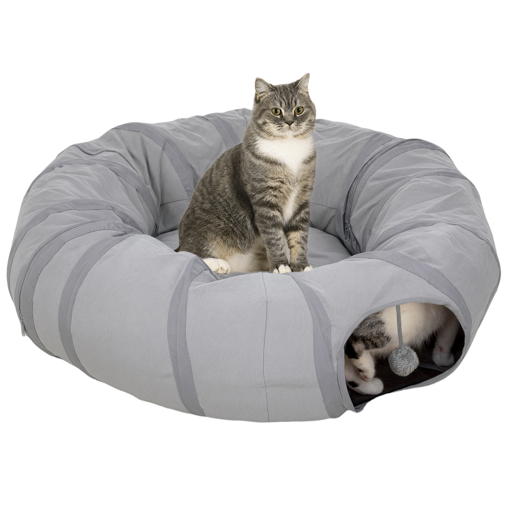Tunnel pour chat intérieur rond tunnel avec lit et coussin, pliable, avec trous pour balles et judas, Ø 90 x 27 cm gris