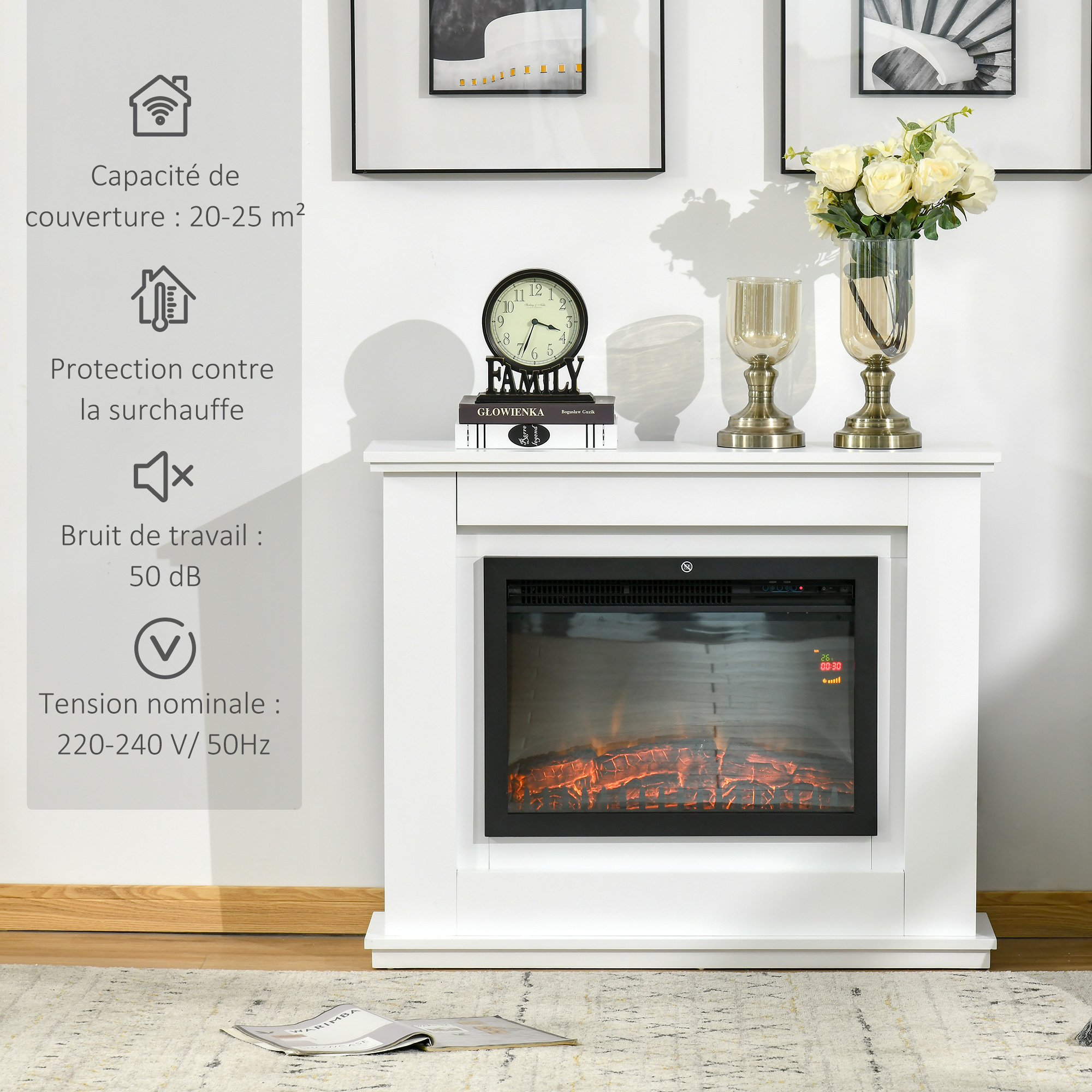 Cheminée électrique avec manteau blanc style contemporain