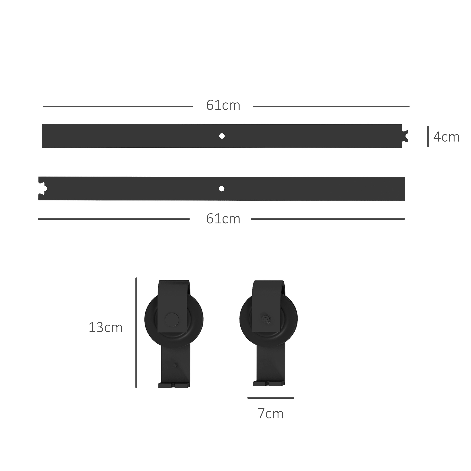 Diagrama de las dimensiones del kit de riel para puerta corredera: 61 cm x 13 cm x 7 cm x 4 cm