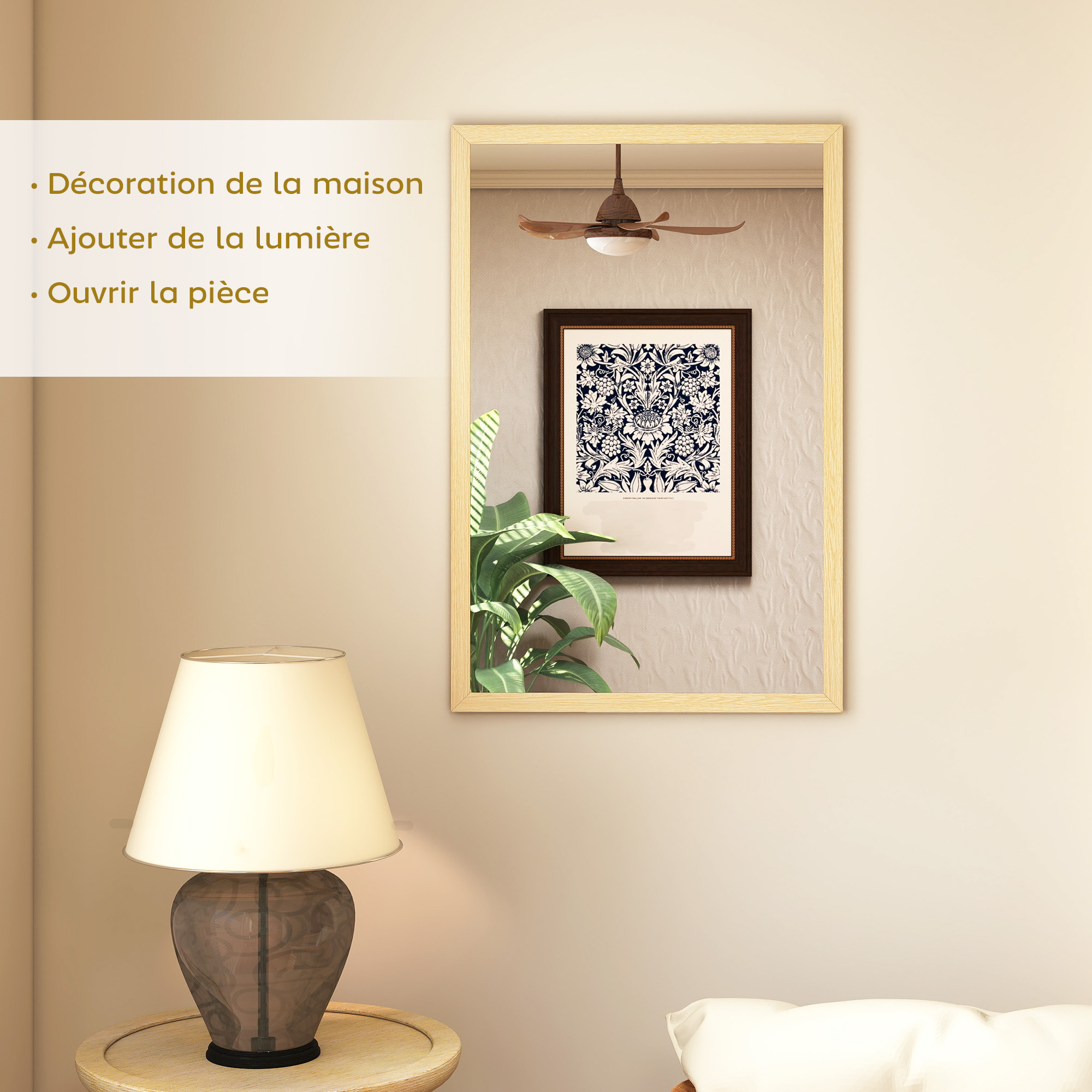Miroir rectangulaire cadre aspect bois naturel 40x60cm