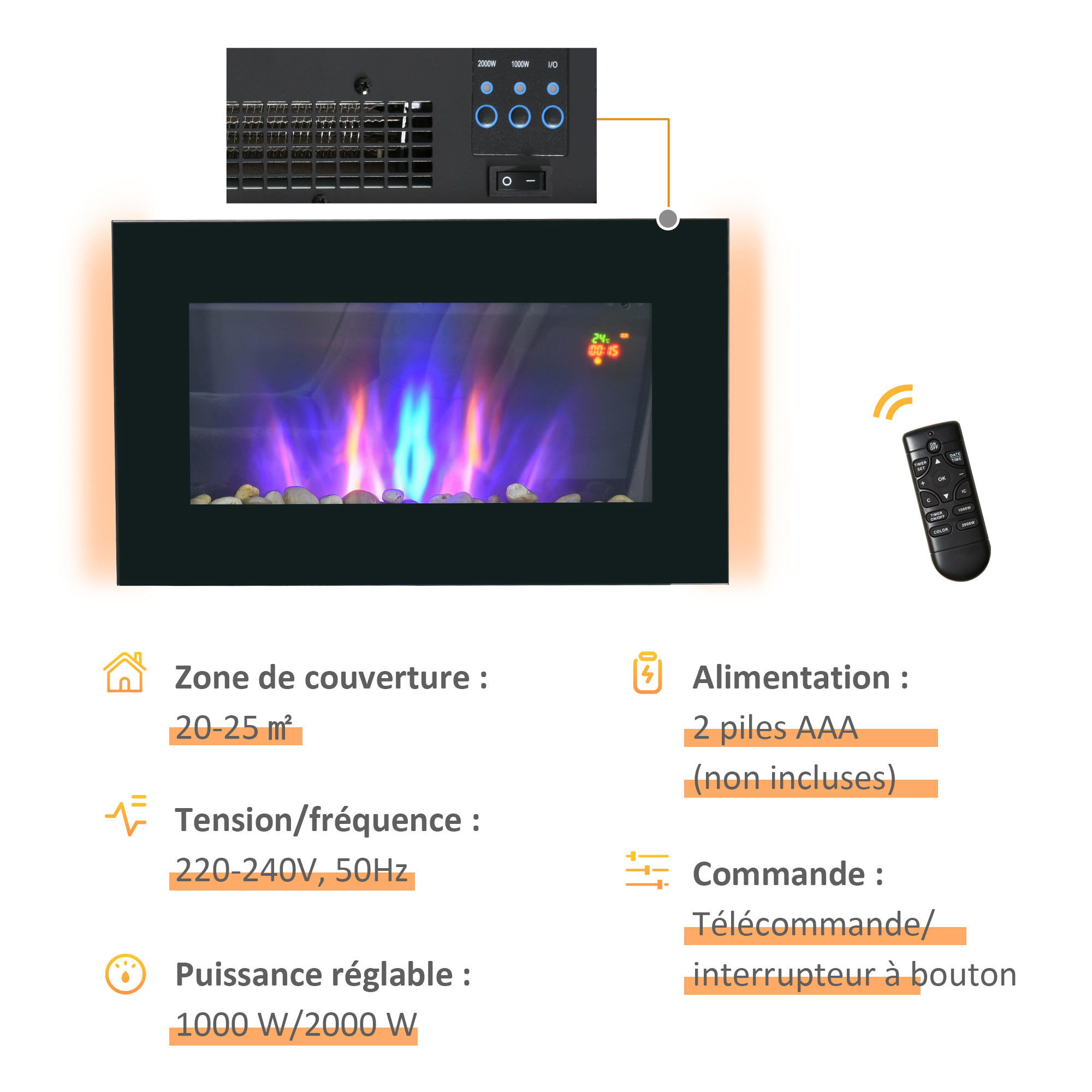 Thermostat 15‑30 °C, sécurité anti‑surchauffe, écran LED heure‑température