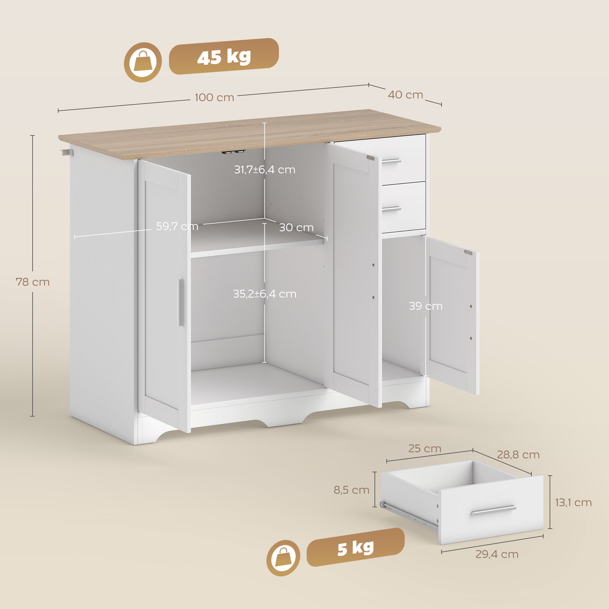 Diagrama de dimensiones de un aparador de 100 cm con 2 cajones y 2 armarios