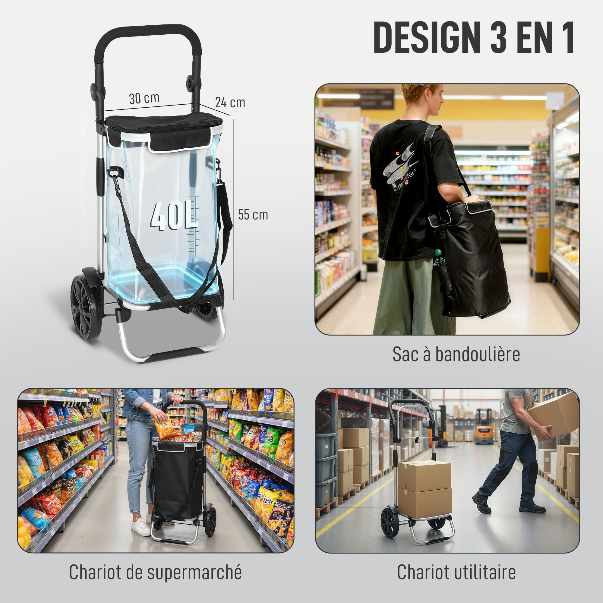 Chariot de courses 3‑en‑1 volume 40 L cadre aluminium