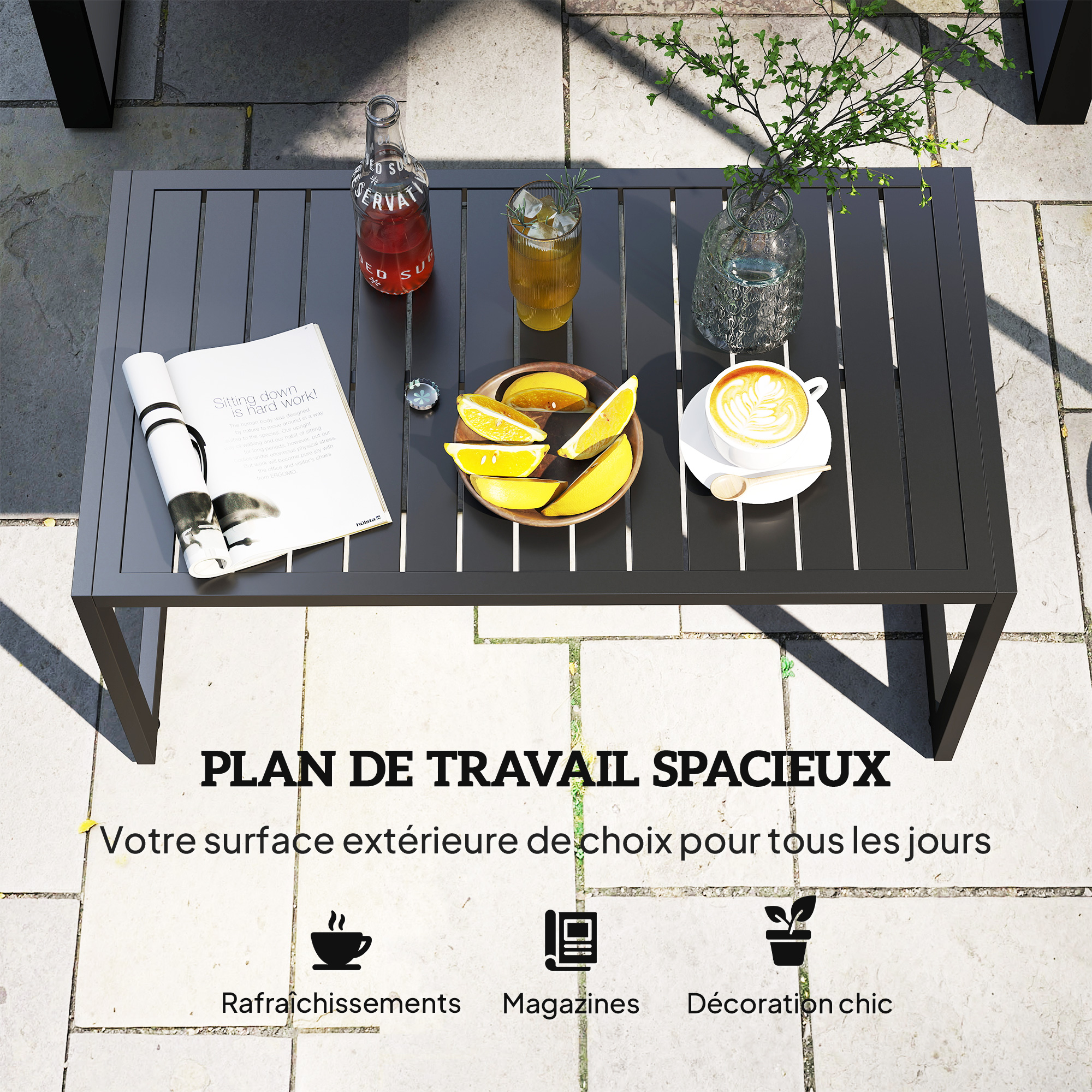 Structure aluminium et plateau lattes table jardin
