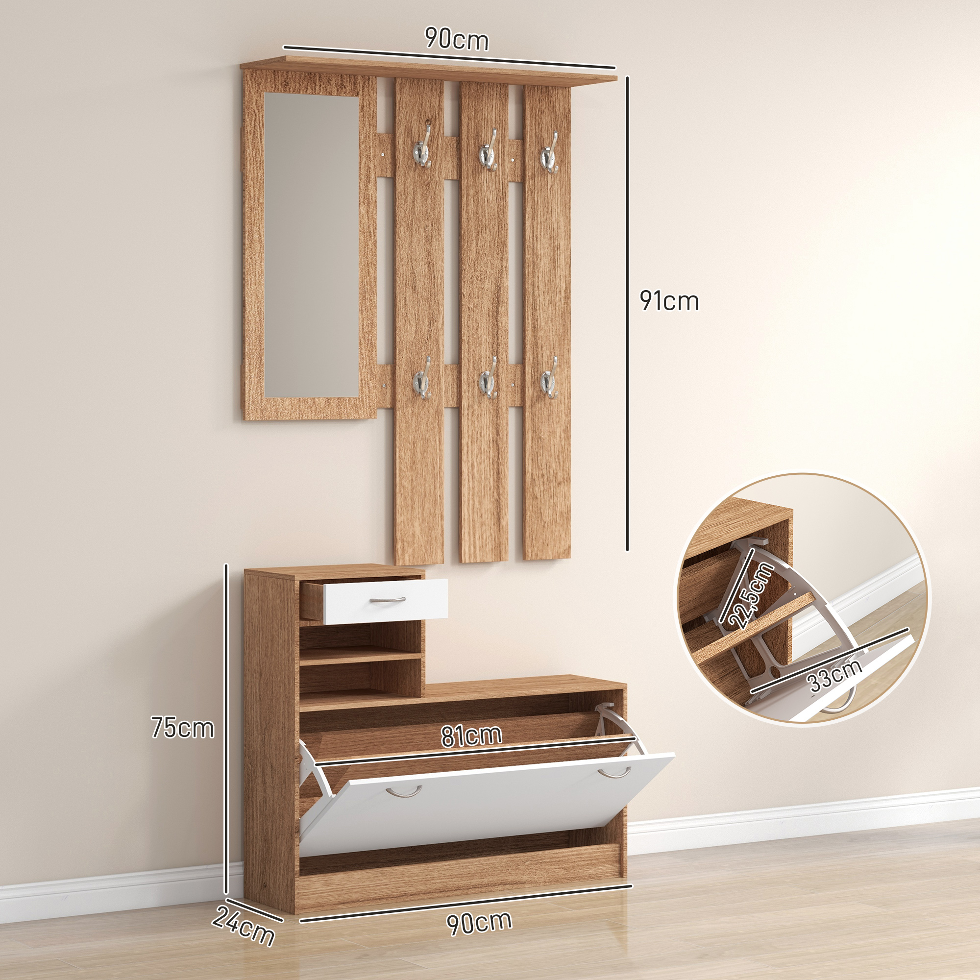 Dimensions meuble entrée 90cm avec rangement chaussures et porte-manteau