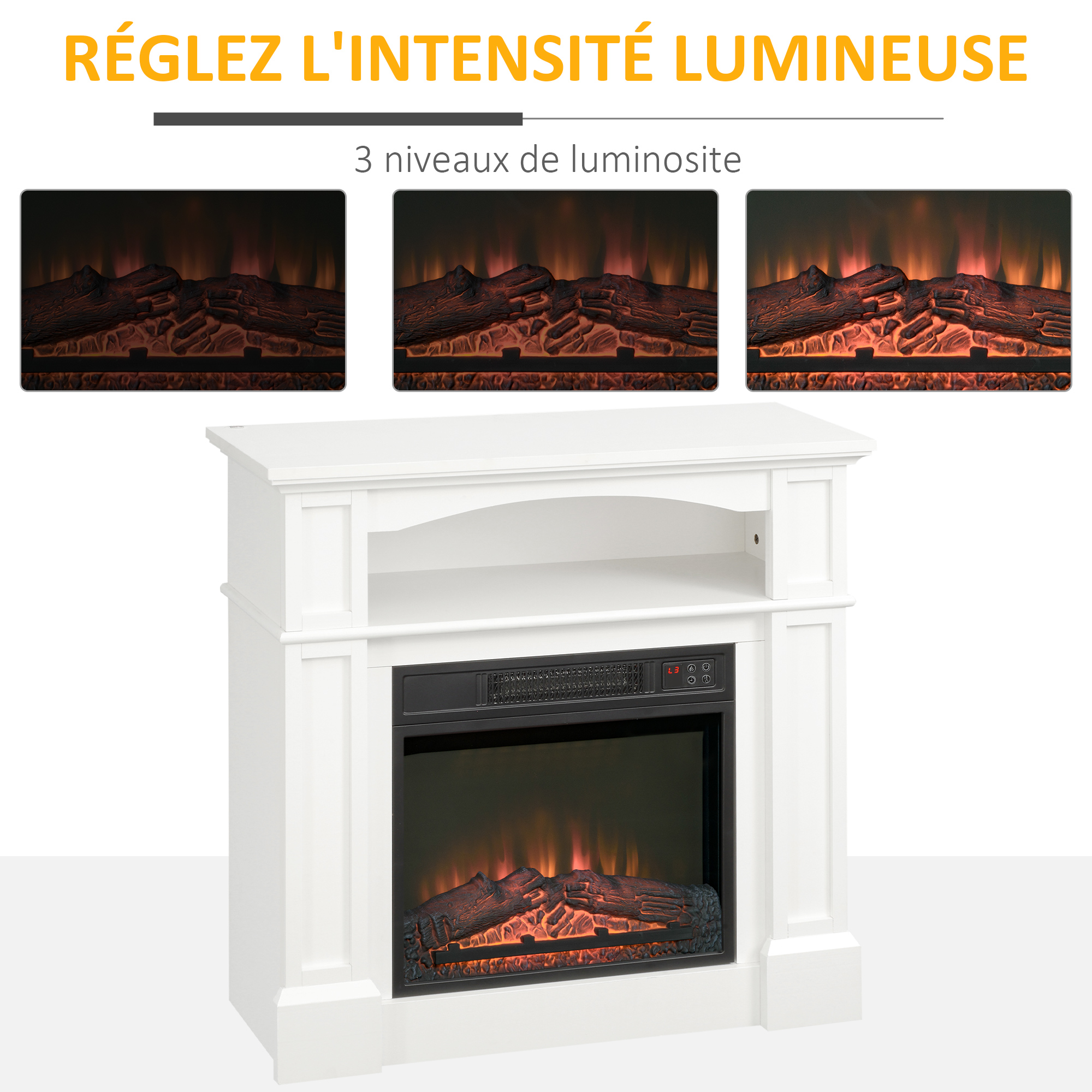 Cheminée électrique complète avec manteau blanc et étagère