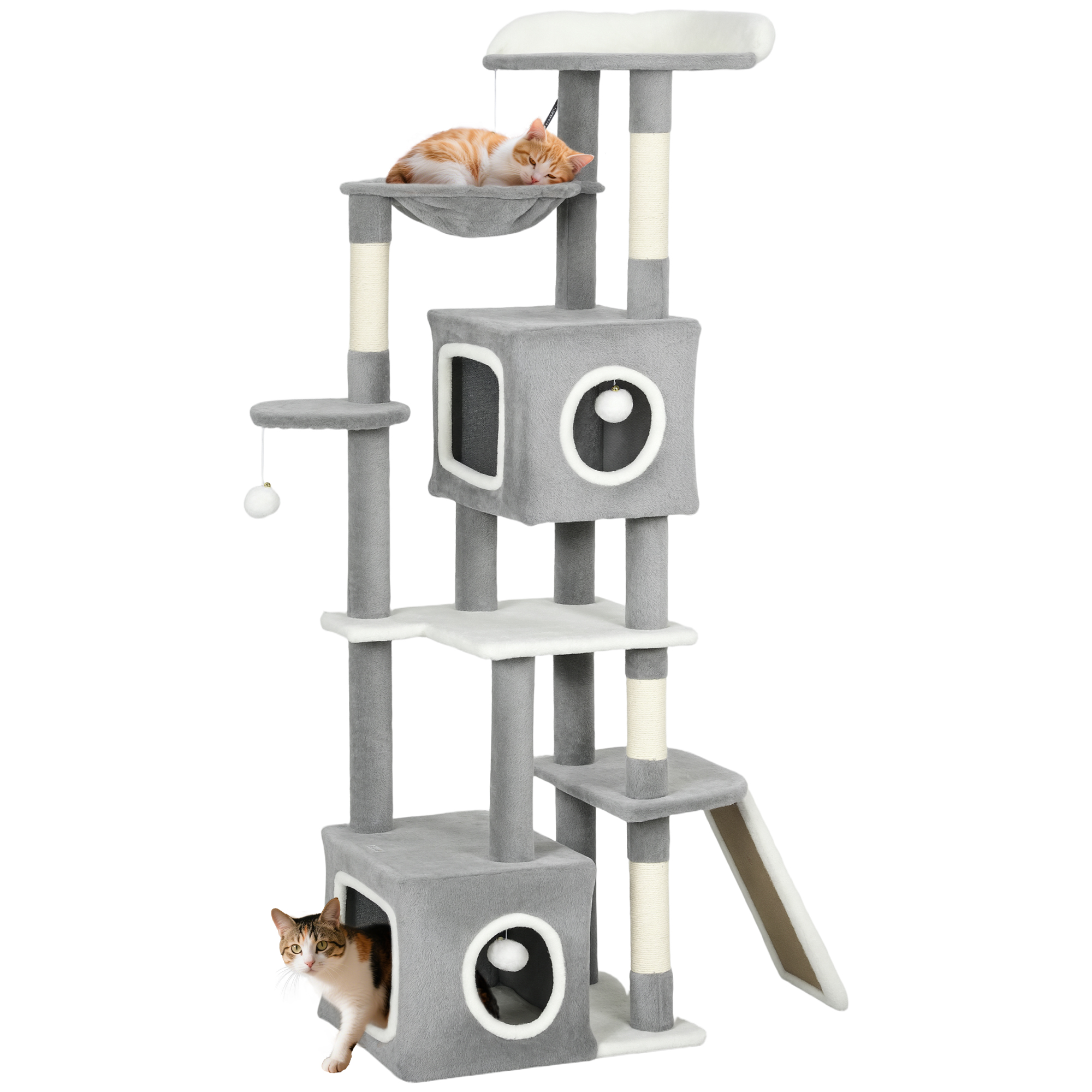 Arbre à chat tour de jeux pour chats centre d'activités 2 niches plateformes hamac échelle et 4 pompons 165 cm gris