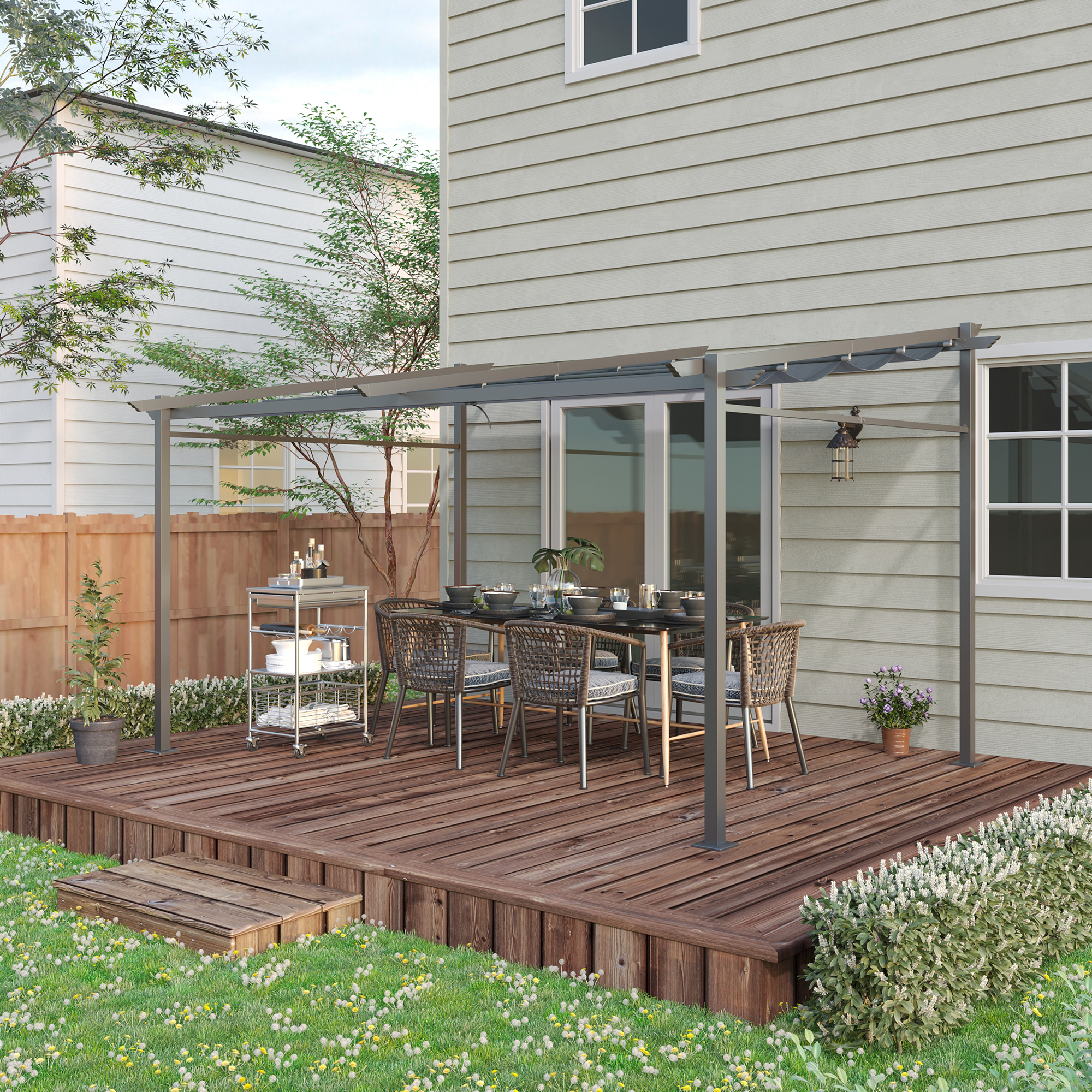 Pergola rétractable en situation sur terrasse avec espace détente