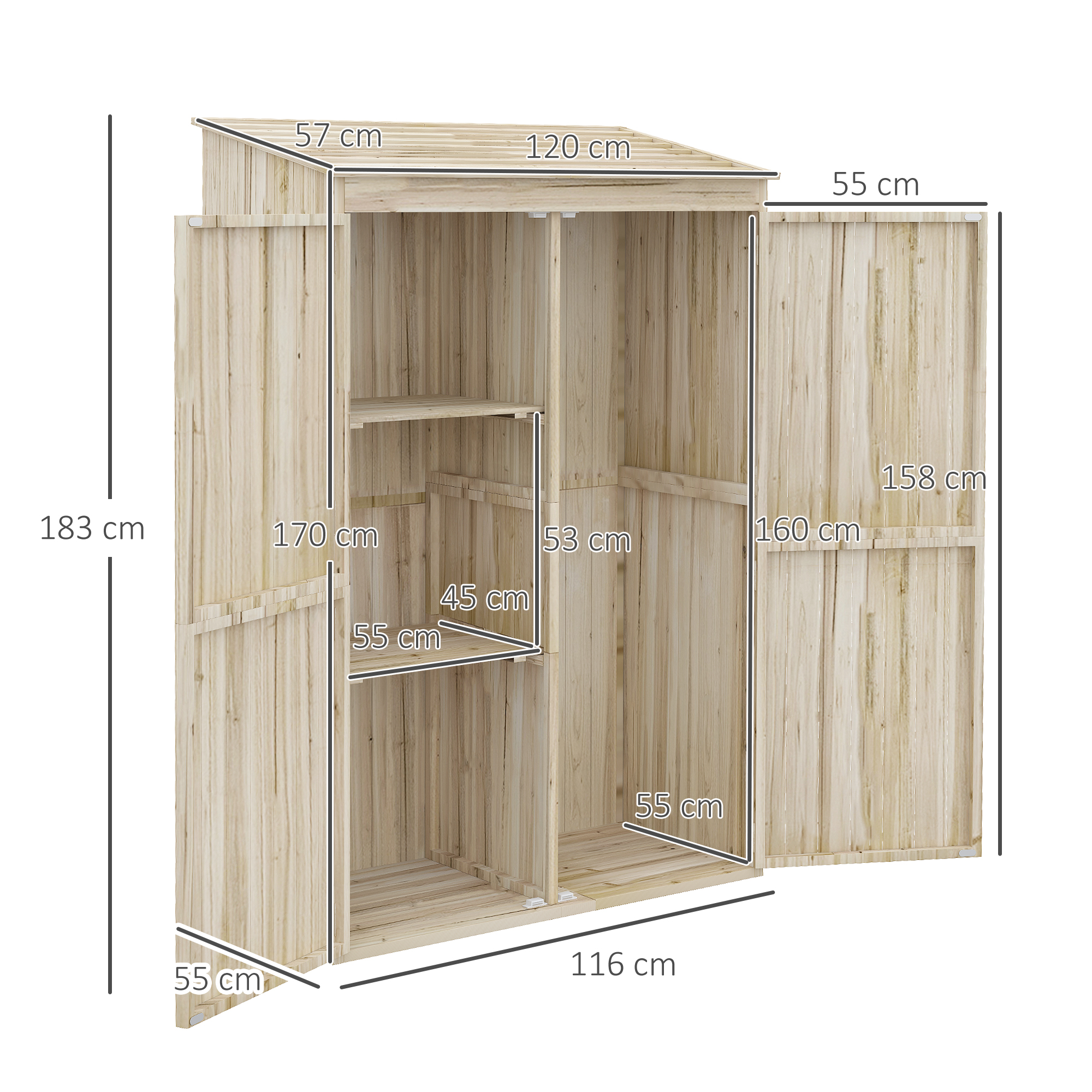 Dimensiones del cobertizo de jardín para almacenamiento exterior en madera de abeto