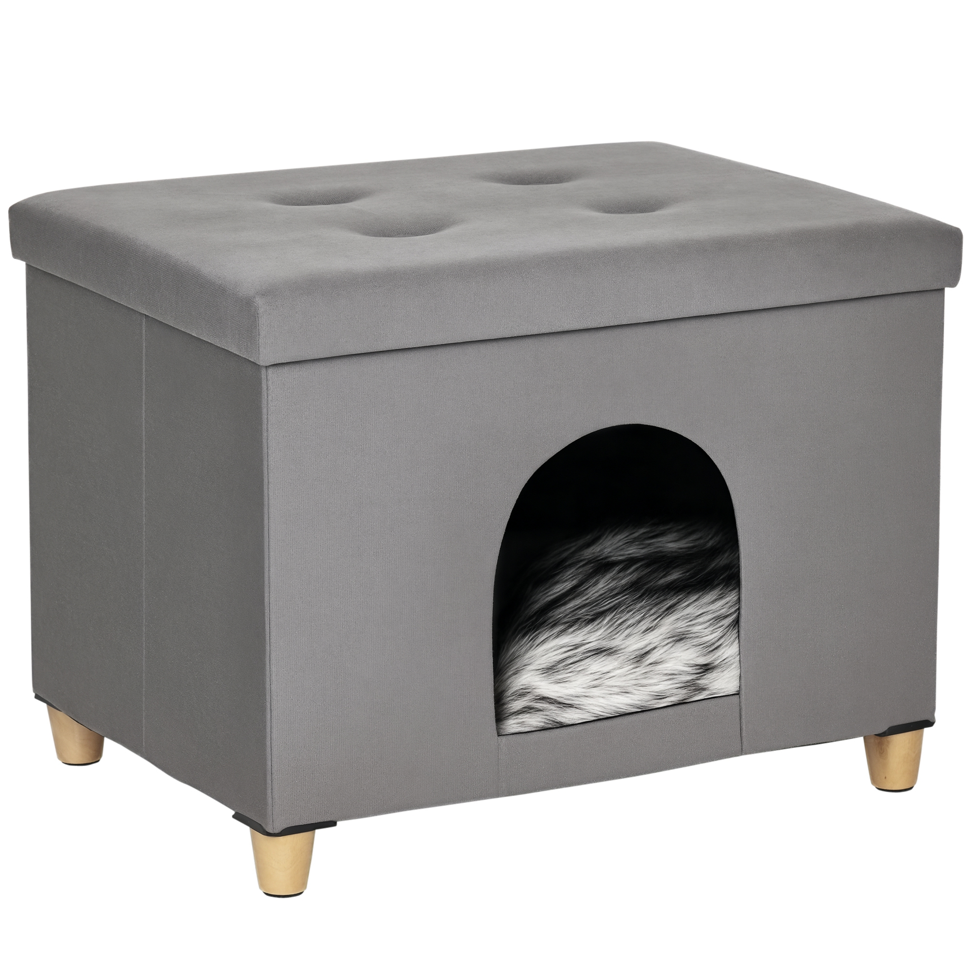  Niche chat maison de chat design surélevé avec coussin amoviable et lavable en peluche doux repose-pieds, dessus ouvrable, gris