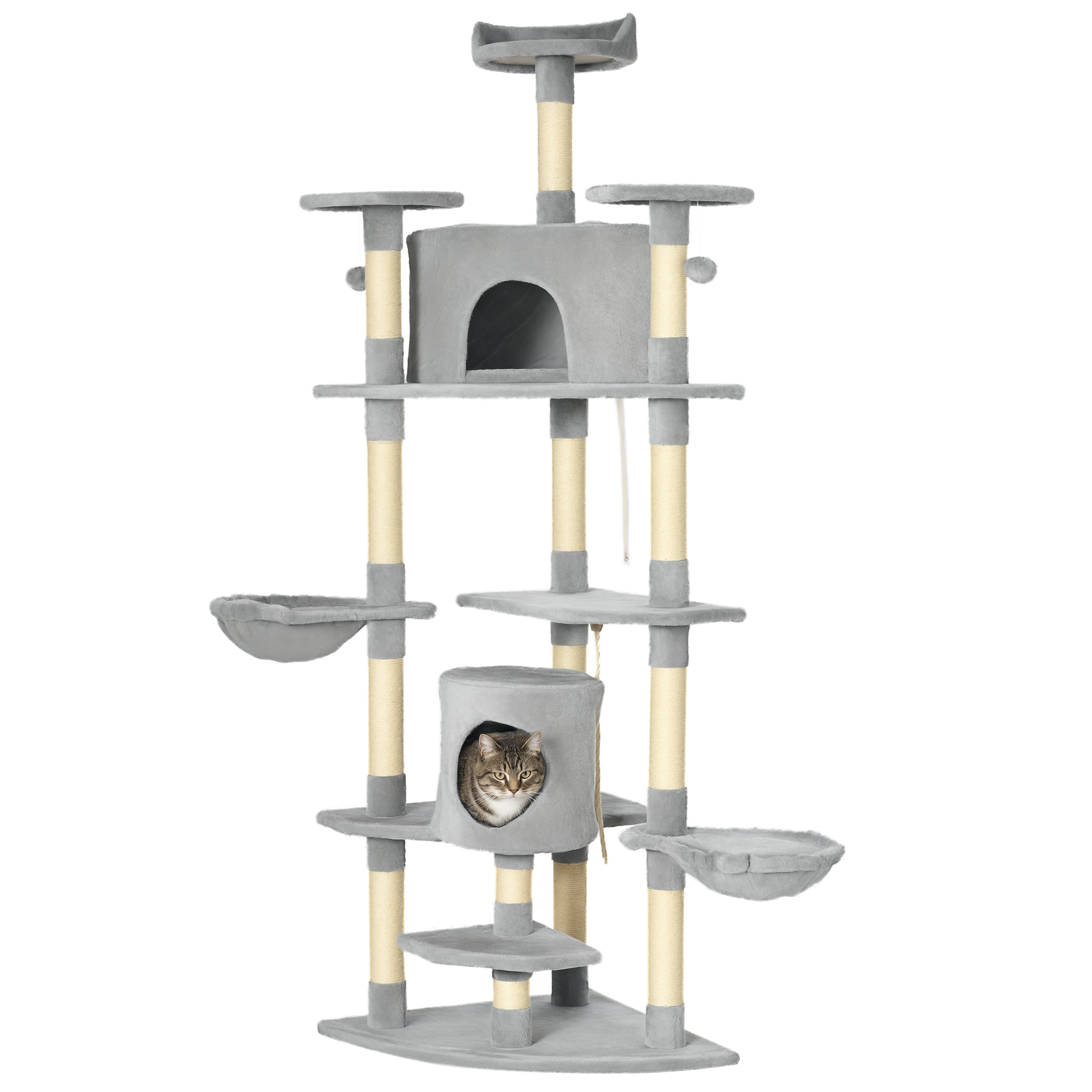 Arbre à chat XXL arbre à grimper pour chat multi-équipements griffoirs 6 plate-formes 2 niches hauteur 200 cm gris