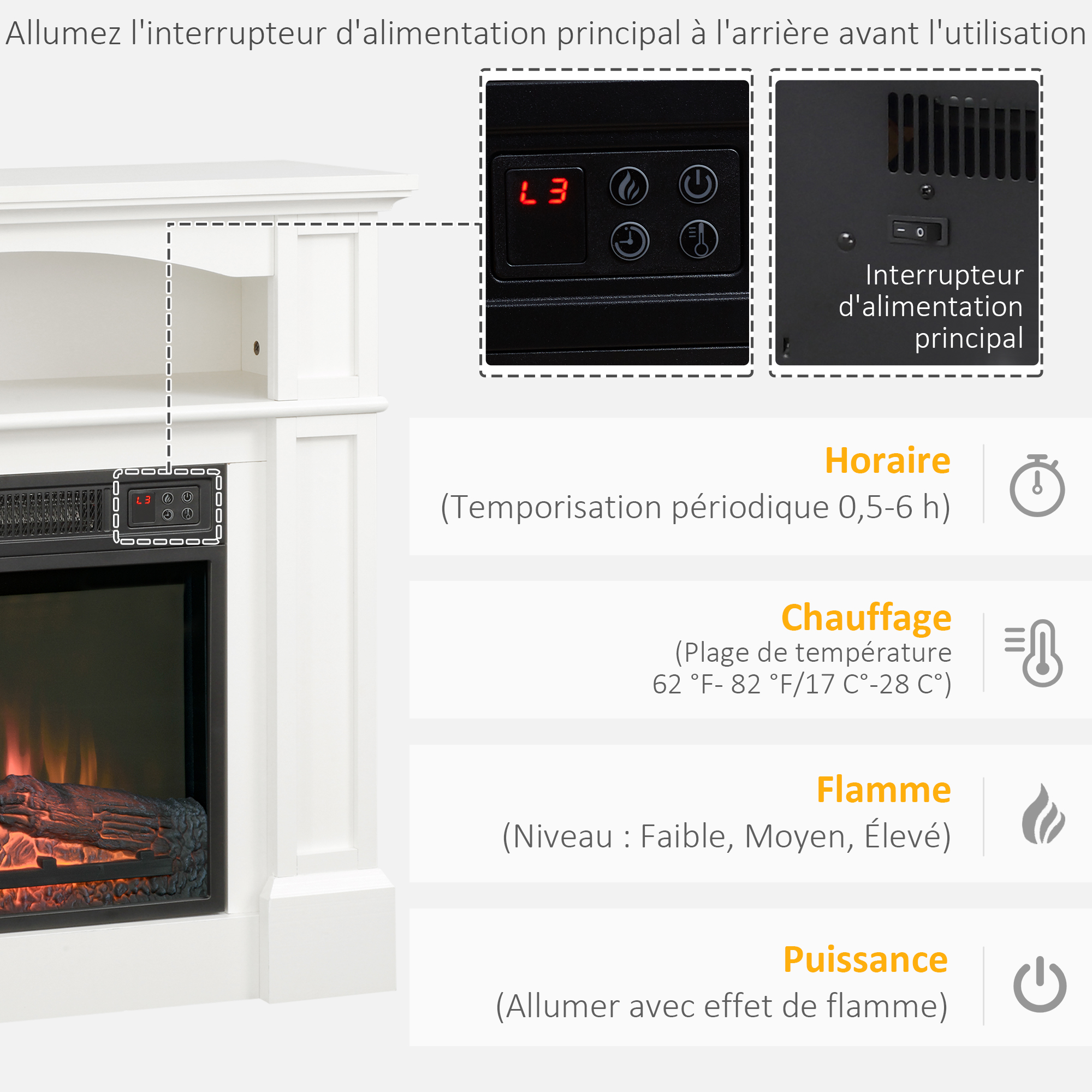 Effet flamme LED trois intensités lumineuses, fonction sans chauffage
