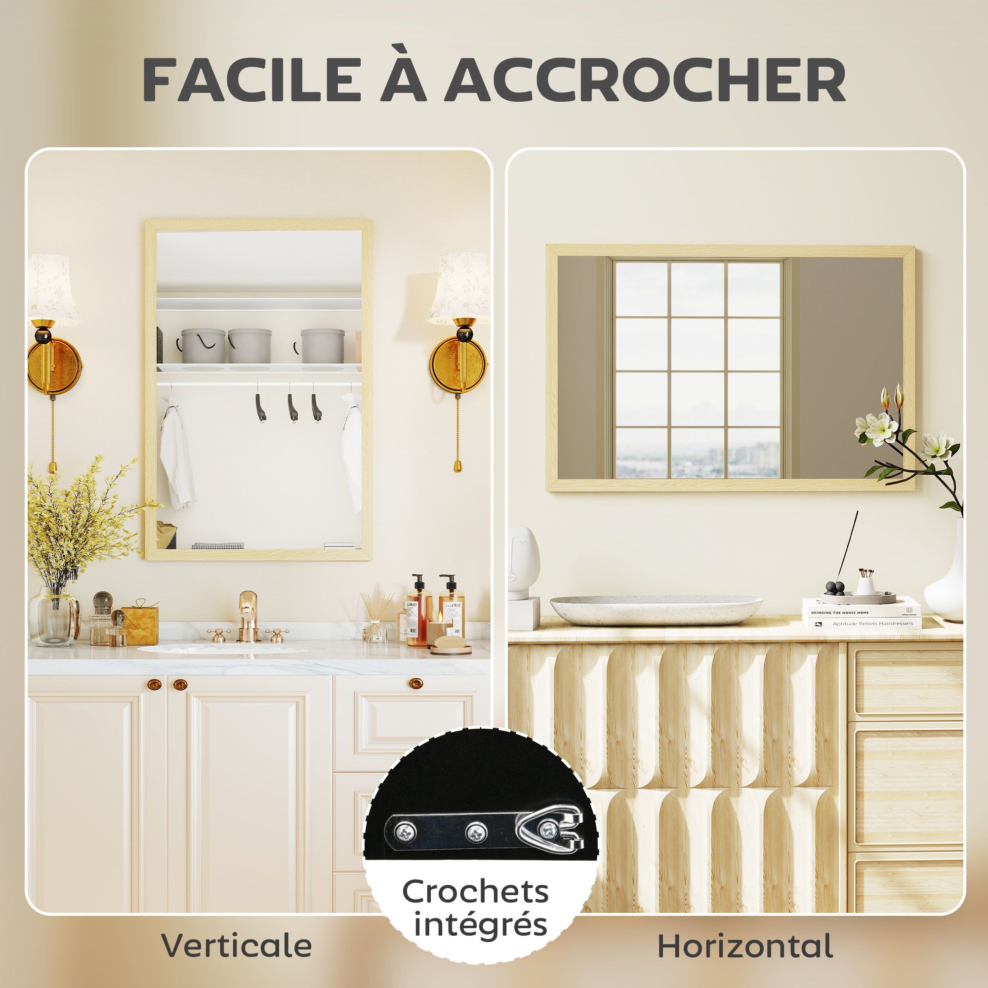 Fixation possible horizontalement ou verticalement, crochets fournis