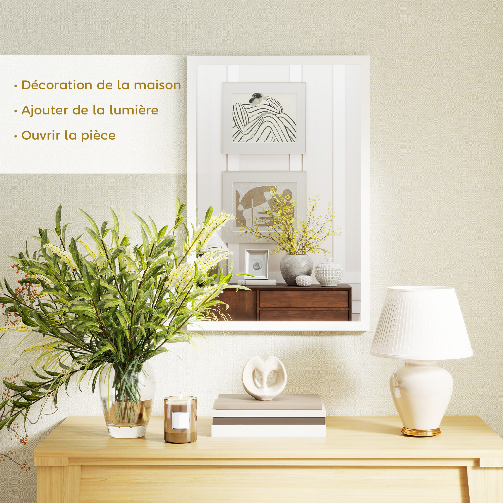 Miroir rectangulaire cadre blanc MDF 40x60cm