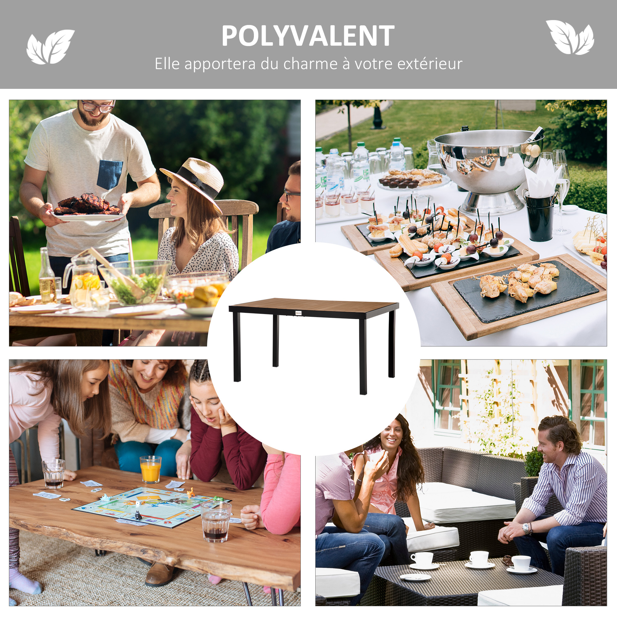 Table de jardin rectangulaire aluminium PS aspect bois 140x90cm - Vue 3