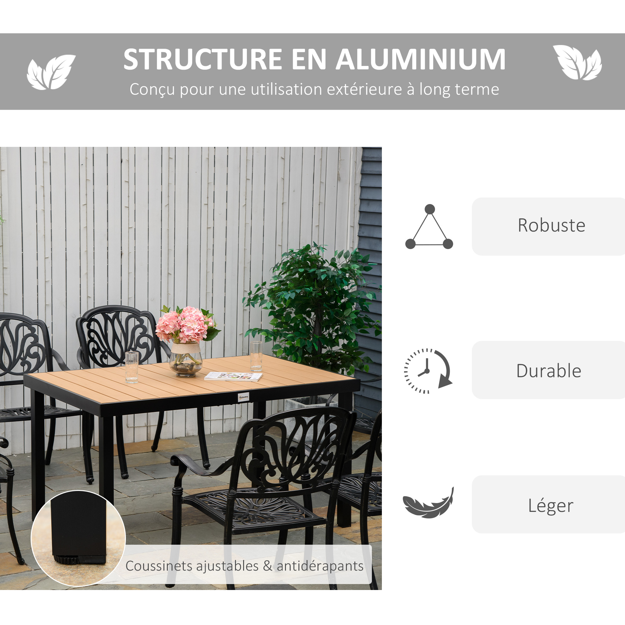Table de jardin rectangulaire aluminium PS aspect bois 140x90cm - Vue 2