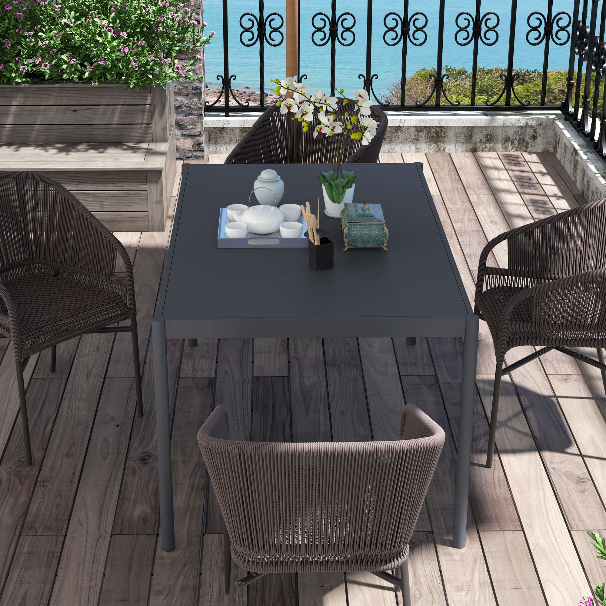 Table de jardin rectangulaire aluminium plateau PE aspect bois 145x90cm - Vue 6