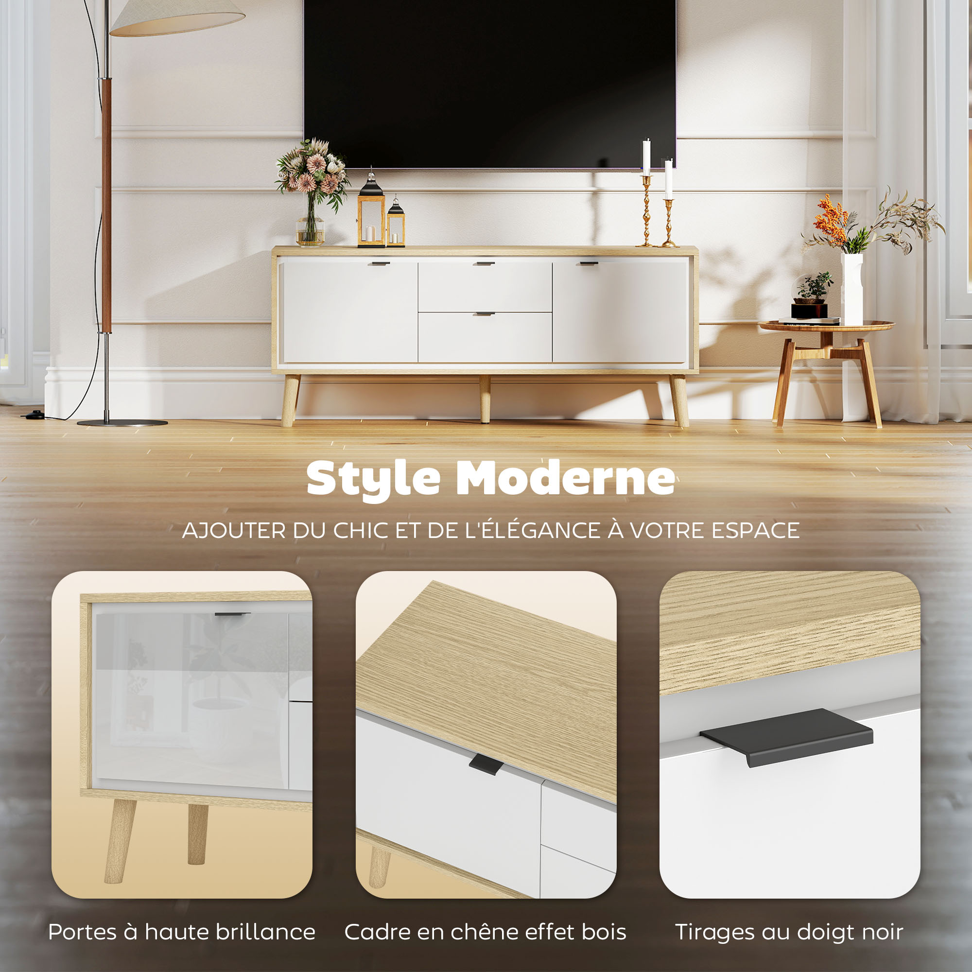 Meuble TV en situation dans un salon moderne avec écran